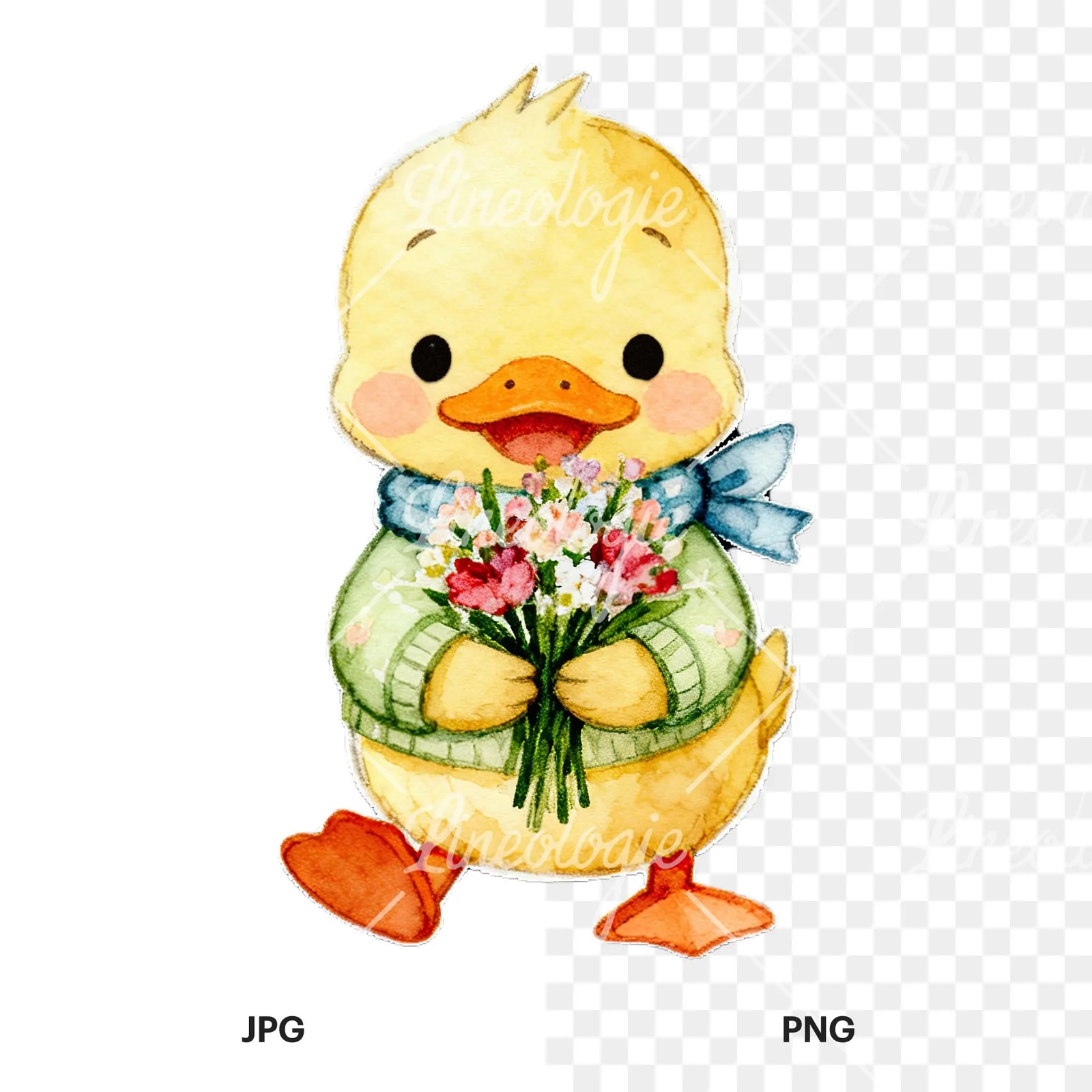 Watercolor Easter duckling with cookies clipart 8 of 9, as a JPG on white and a transparent PNG