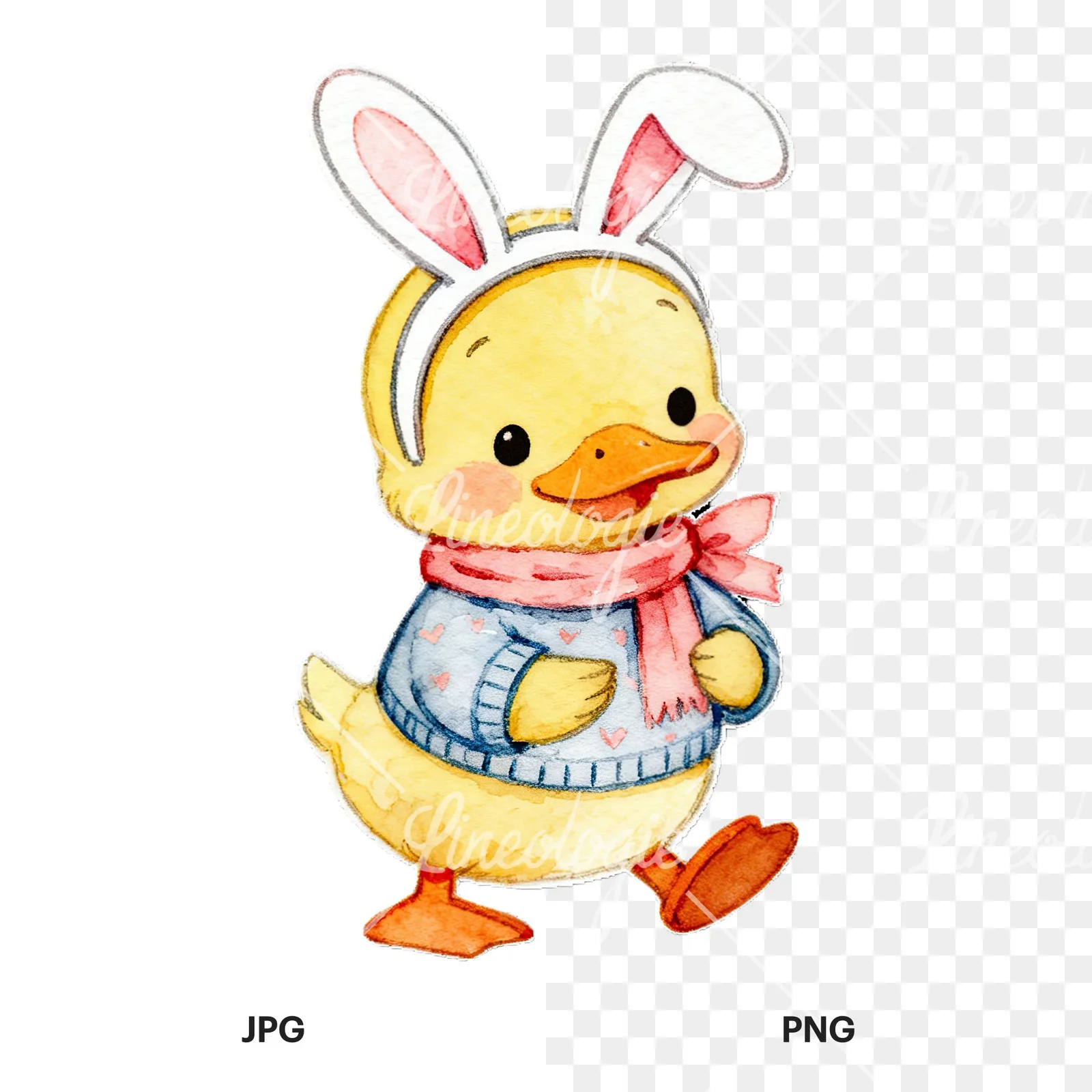 Watercolor Easter duckling with cookies clipart 9 of 9, as a JPG on white and a transparent PNG