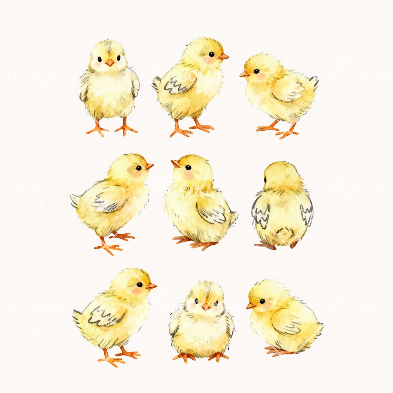 Watercolor Baby Easter Chick Clipart, all 9 illustrations in the pack