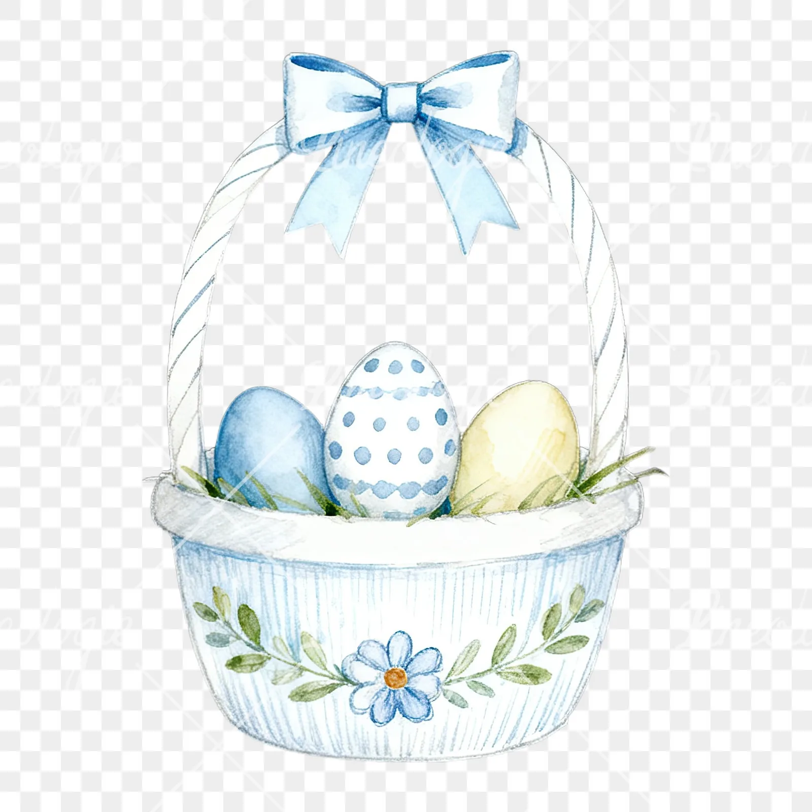 Watercolor blue Easter basket clipart 2 of 9 on a transparent background (PNG)