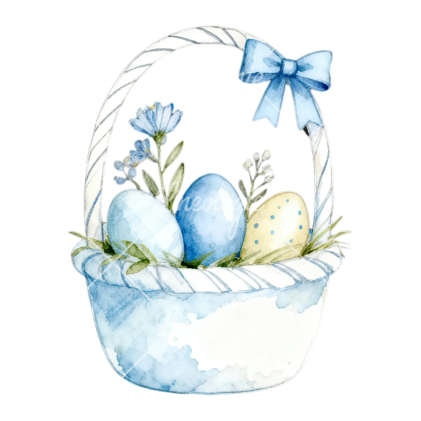 Watercolor blue Easter basket clipart 4 of 9 on a white background (JPG)