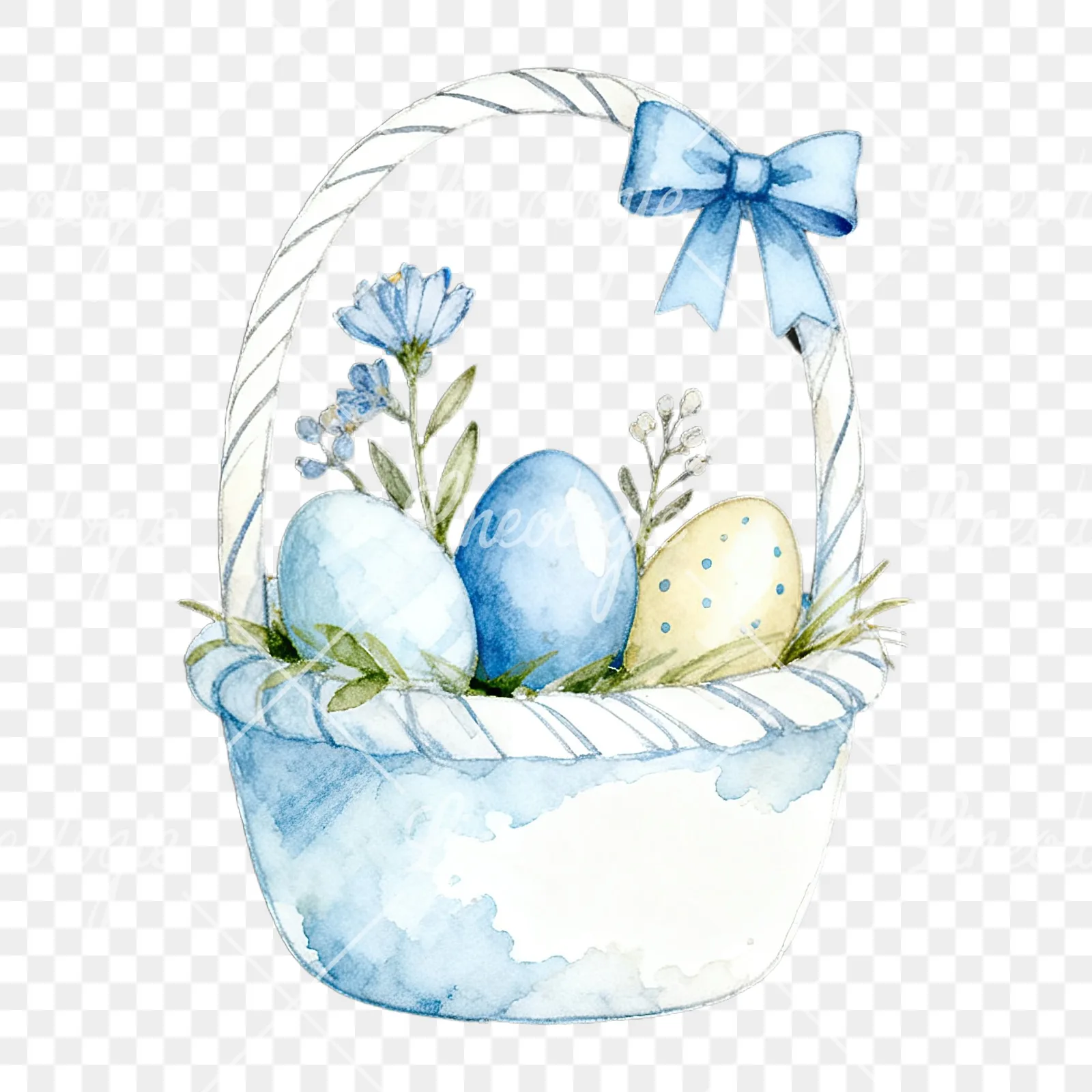 Watercolor blue Easter basket clipart 4 of 9 on a transparent background (PNG)