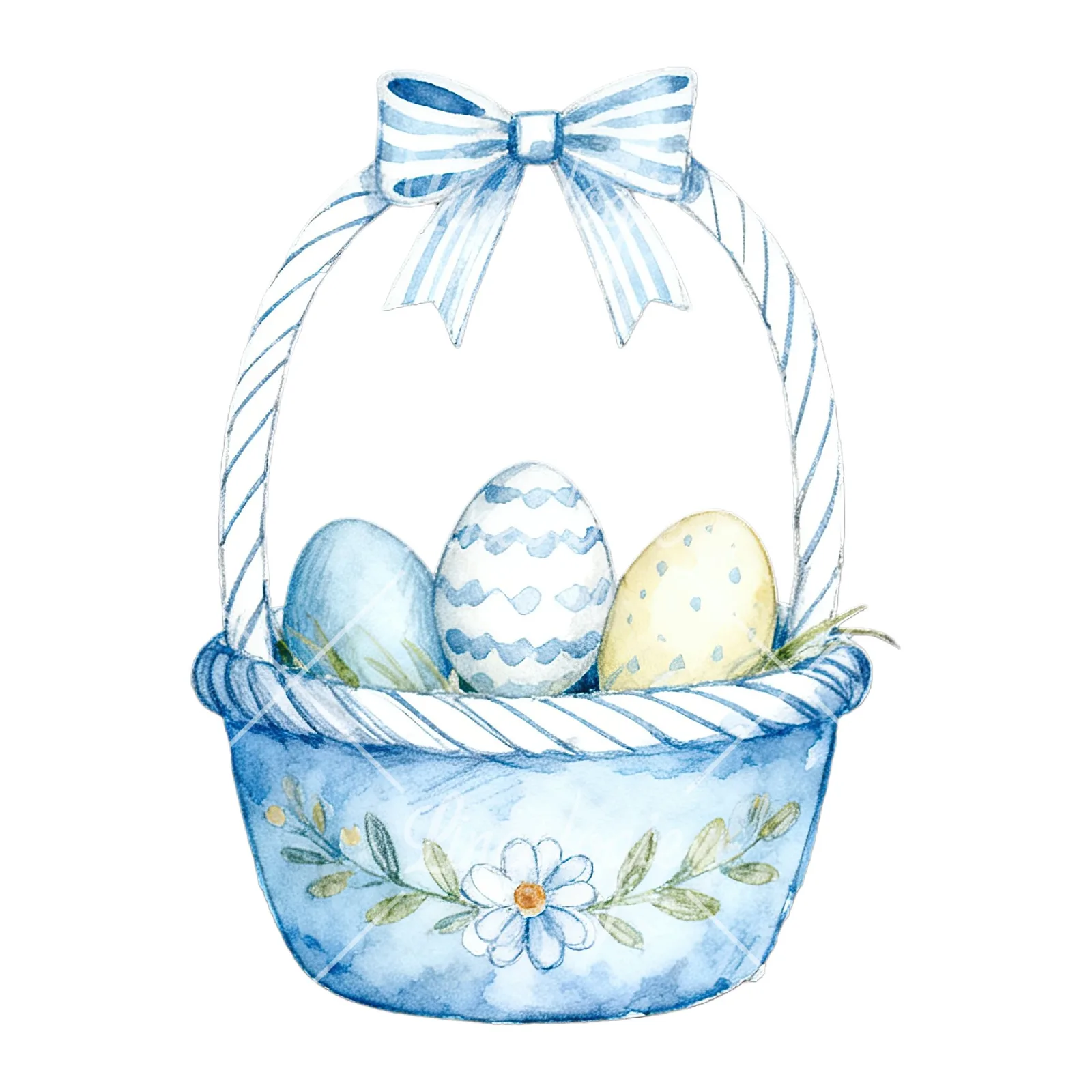Watercolor blue Easter basket clipart 8 of 9 on a white background (JPG)