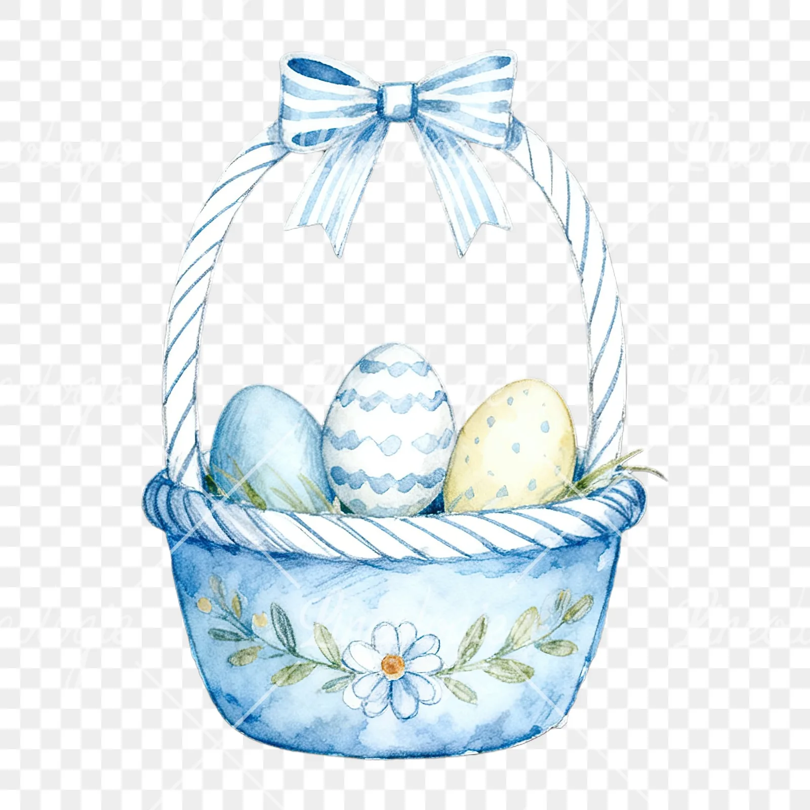 Watercolor blue Easter basket clipart 8 of 9 on a transparent background (PNG)
