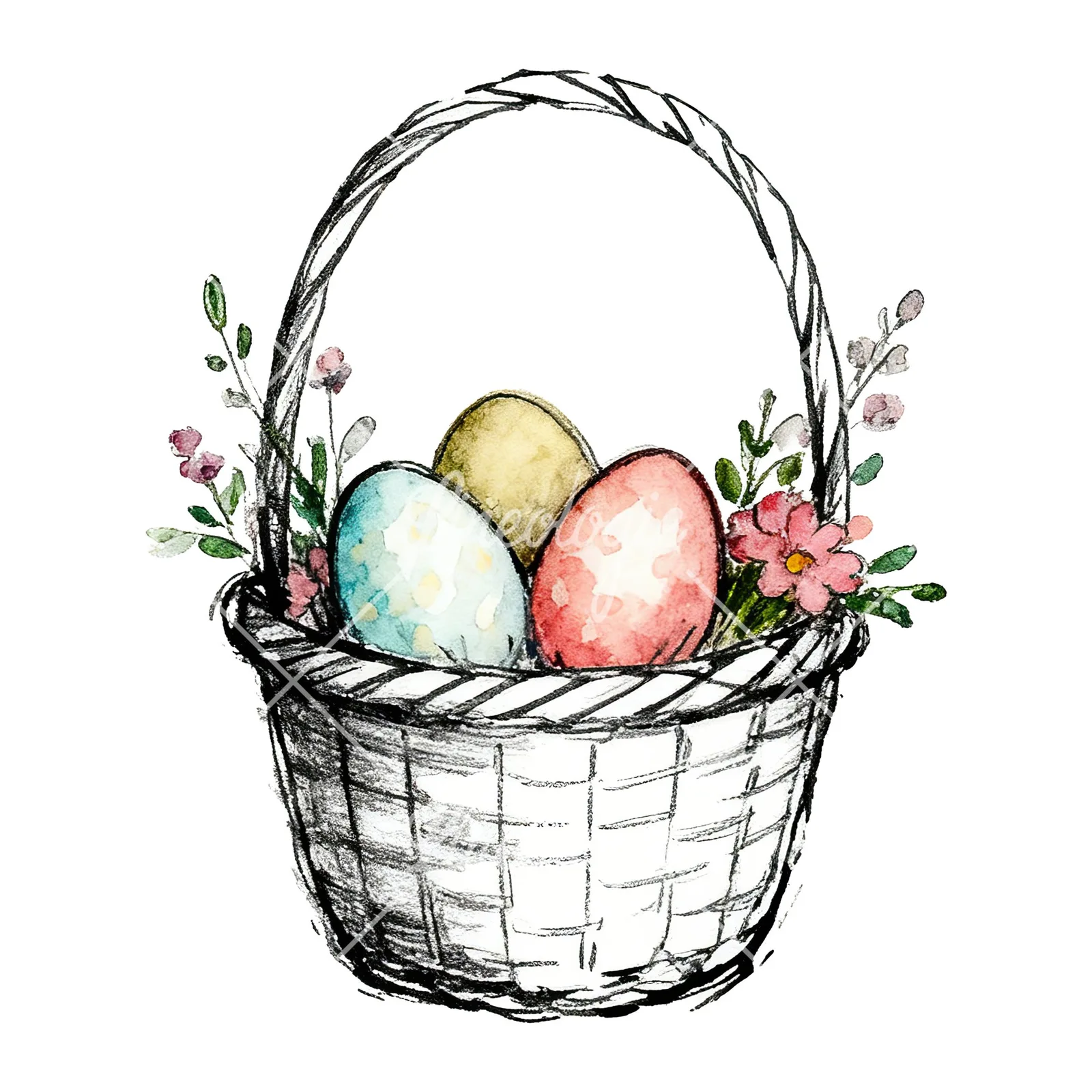 Watercolor Easter basket with flowers clipart 1 of 9 on a white background (JPG)