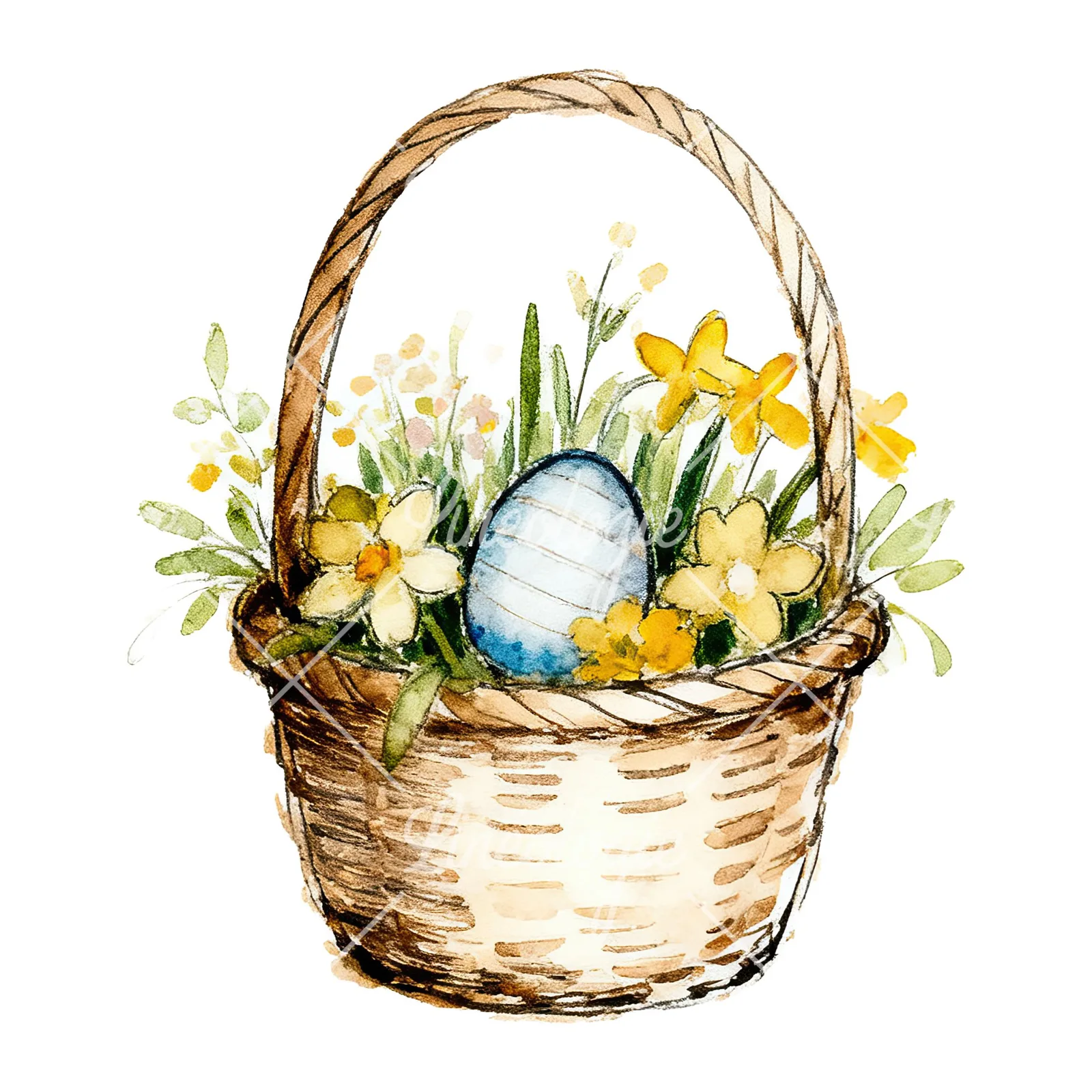Watercolor Easter basket with flowers clipart 2 of 9 on a white background (JPG)
