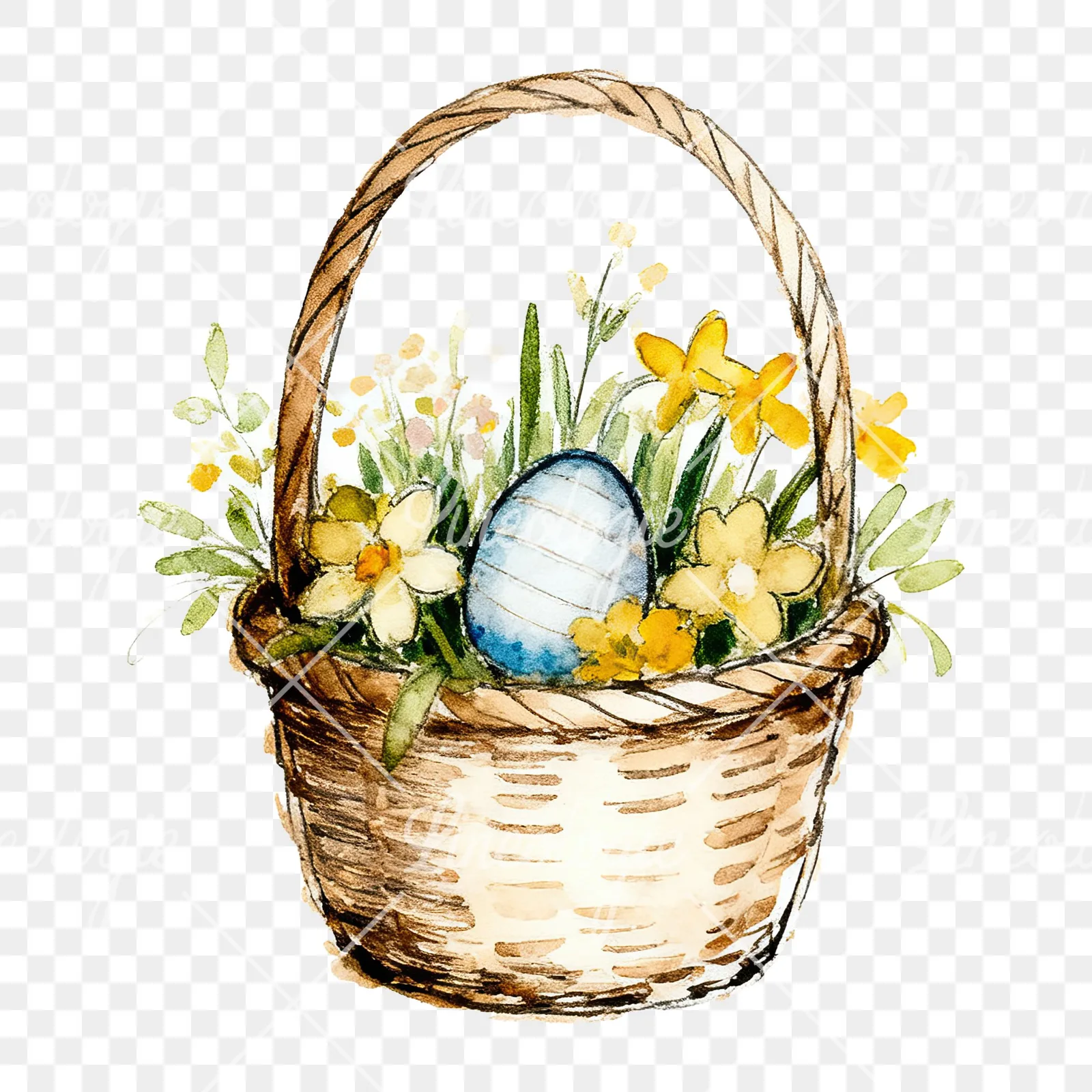 Watercolor Easter basket with flowers clipart 2 of 9 on a transparent background (PNG)