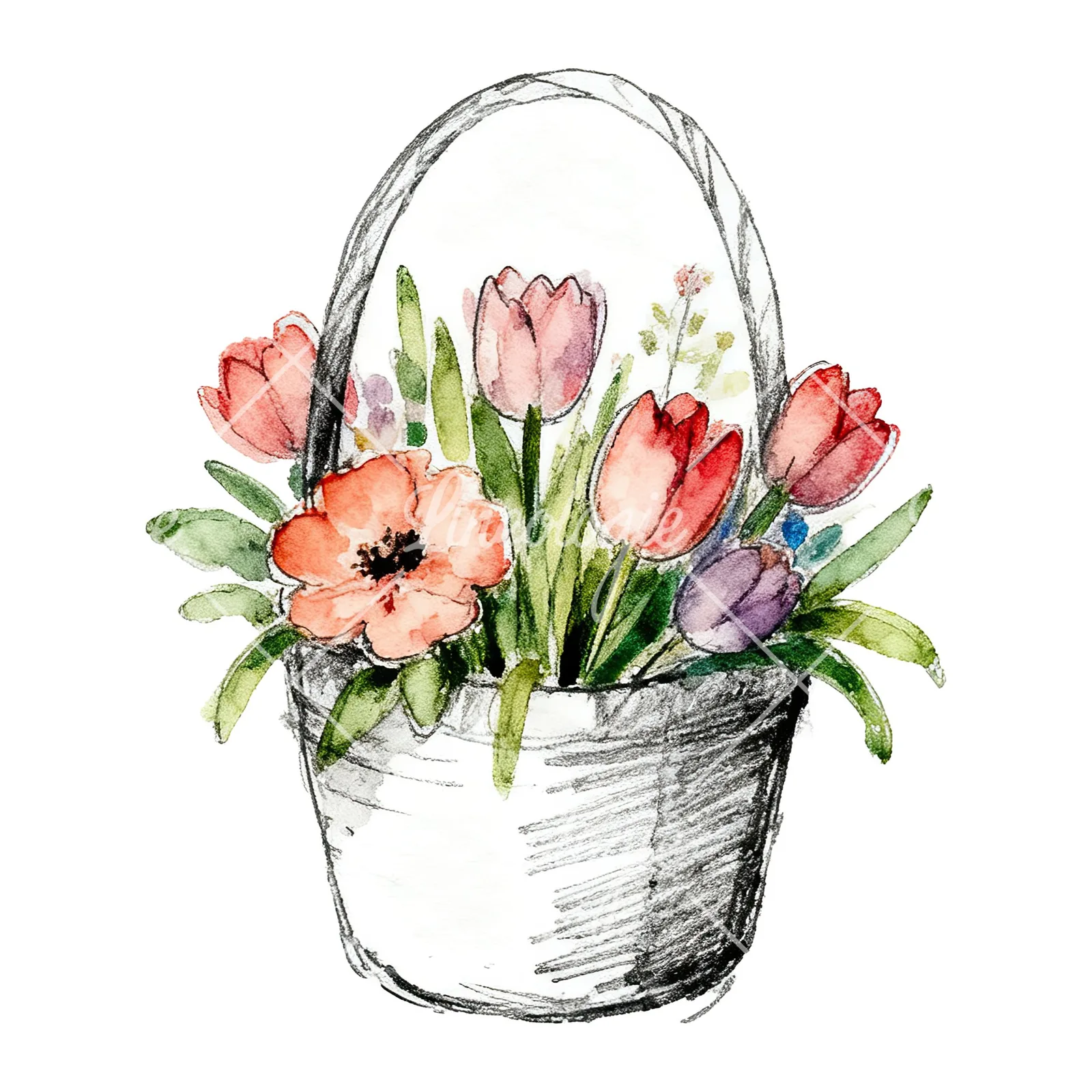 Watercolor Easter basket with flowers clipart 3 of 9 on a white background (JPG)