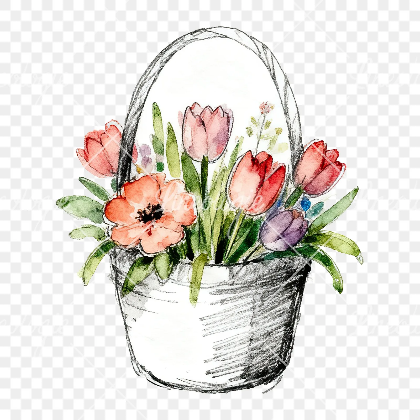 Watercolor Easter basket with flowers clipart 3 of 9 on a transparent background (PNG)