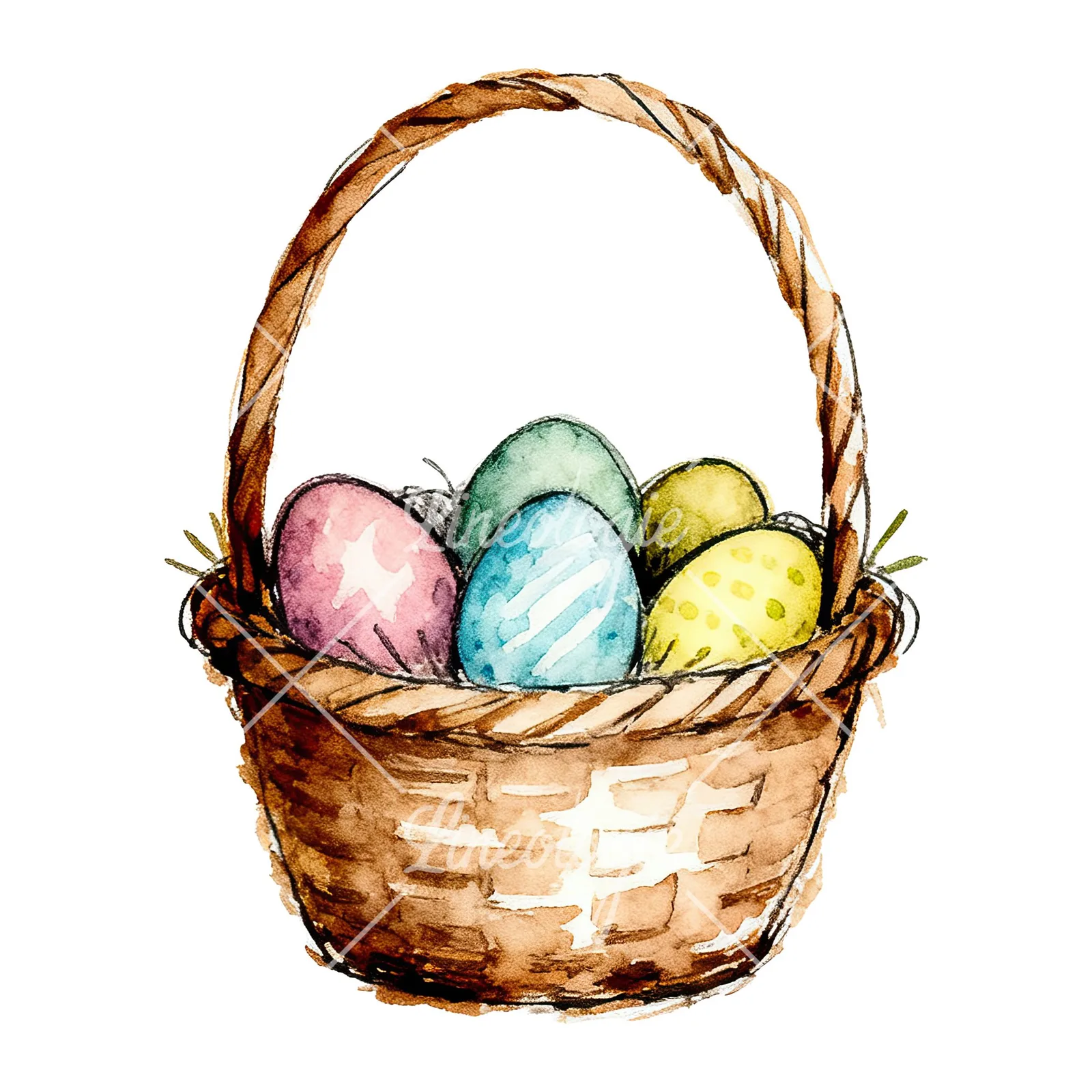 Watercolor Easter basket with flowers clipart 4 of 9 on a white background (JPG)