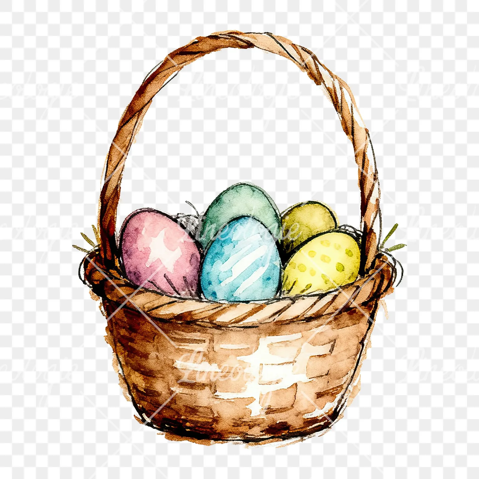 Watercolor Easter basket with flowers clipart 4 of 9 on a transparent background (PNG)