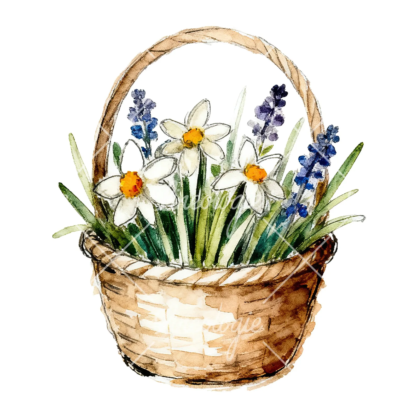 Watercolor Easter basket with flowers clipart 5 of 9 on a white background (JPG)