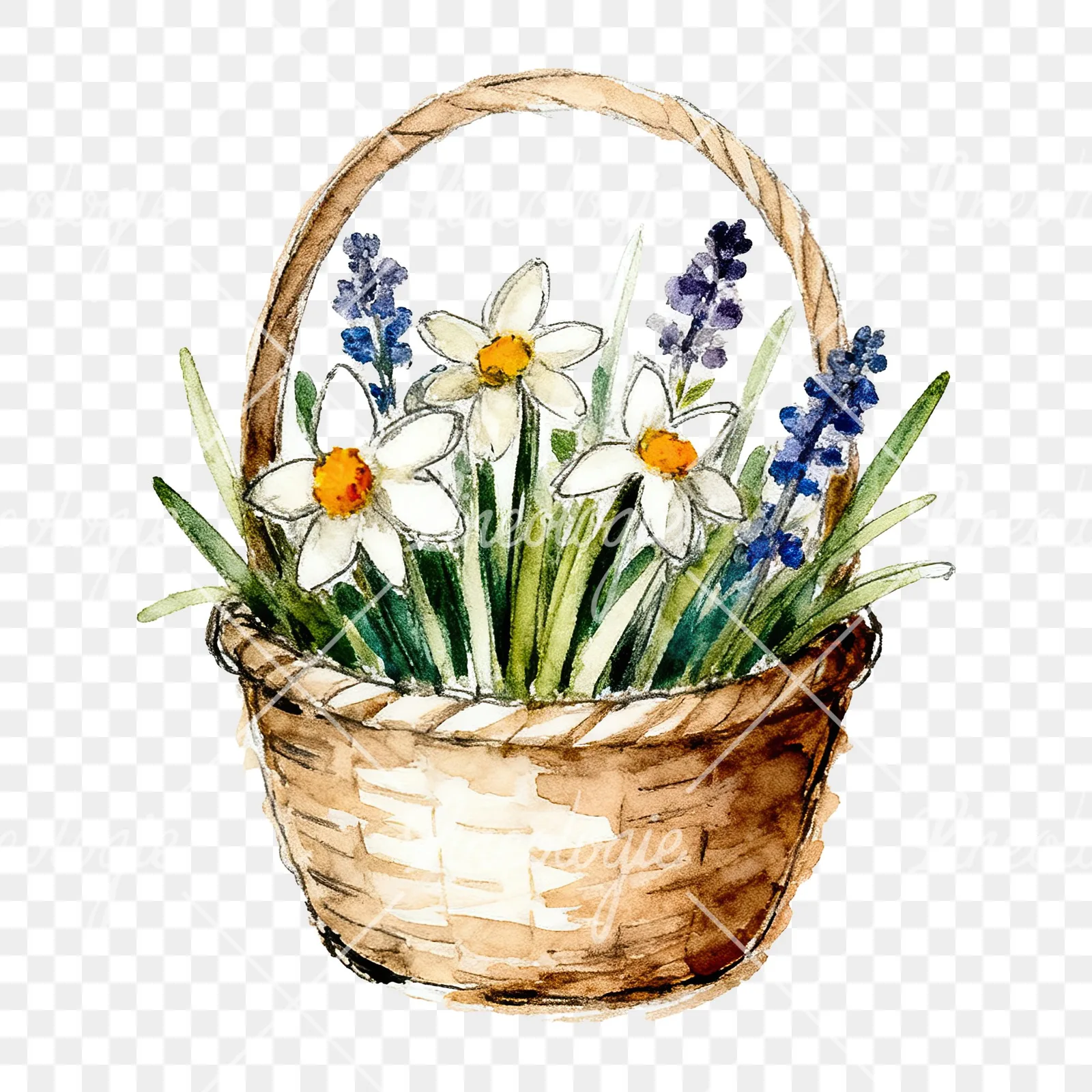 Watercolor Easter basket with flowers clipart 5 of 9 on a transparent background (PNG)