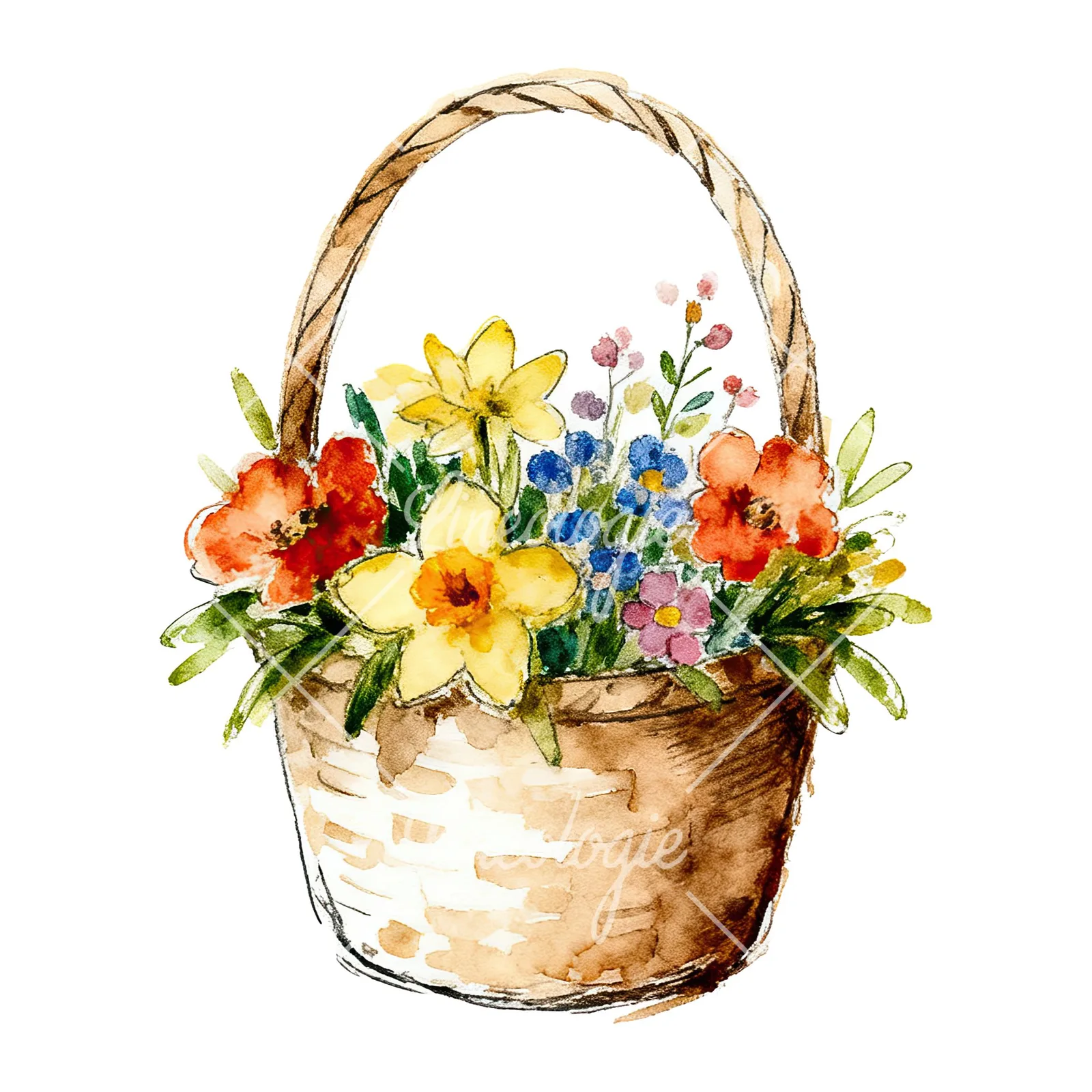 Watercolor Easter basket with flowers clipart 6 of 9 on a white background (JPG)