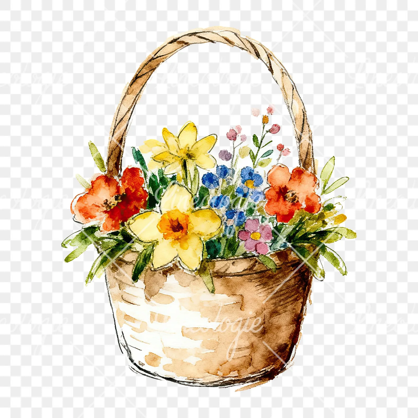 Watercolor Easter basket with flowers clipart 6 of 9 on a transparent background (PNG)
