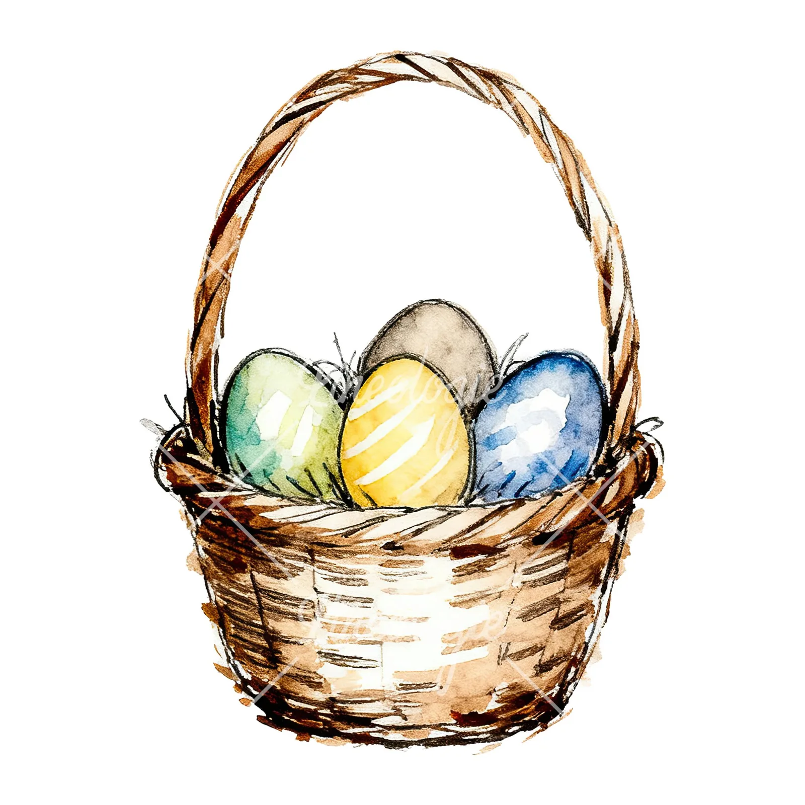 Watercolor Easter basket with flowers clipart 7 of 9 on a white background (JPG)