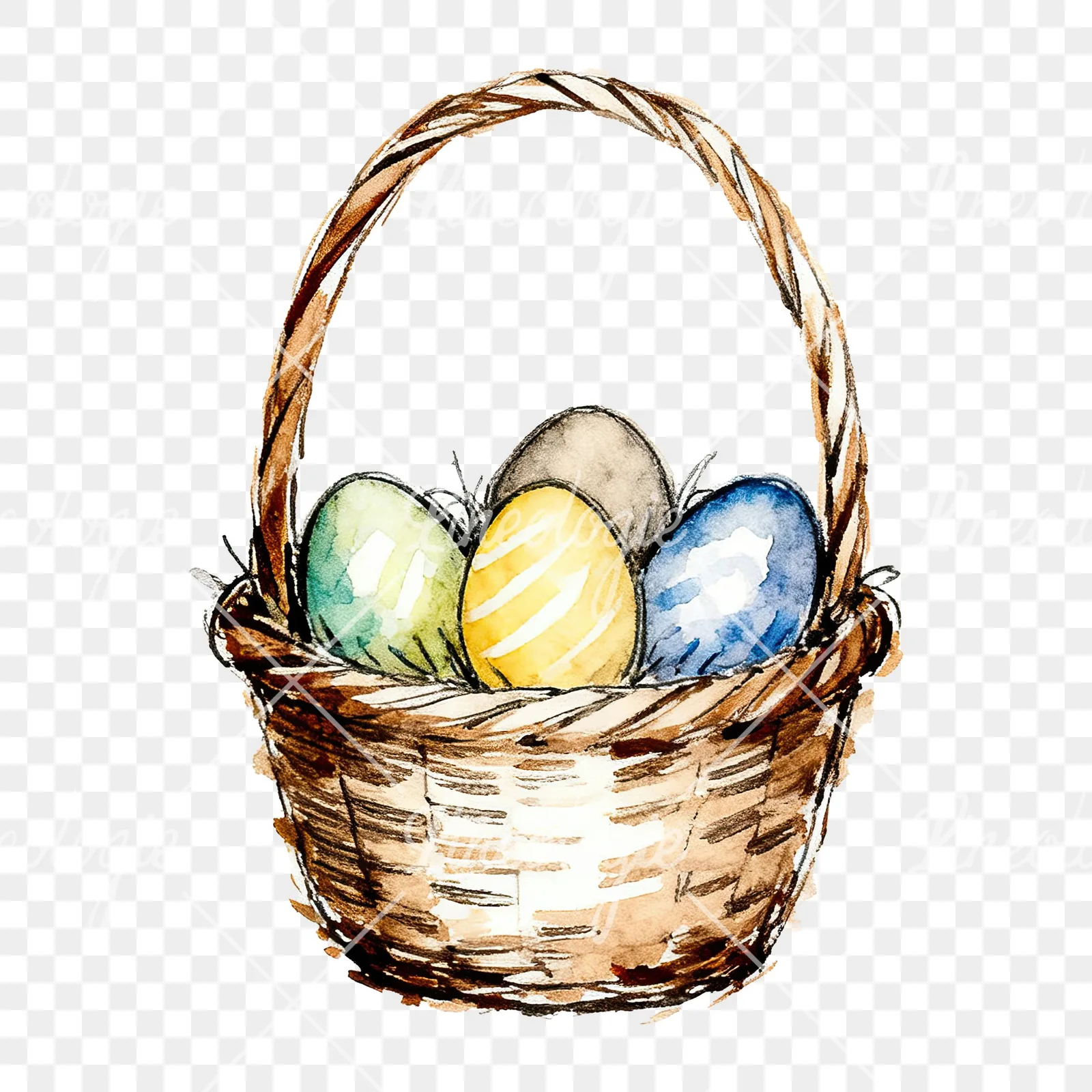 Watercolor Easter basket with flowers clipart 7 of 9 on a transparent background (PNG)