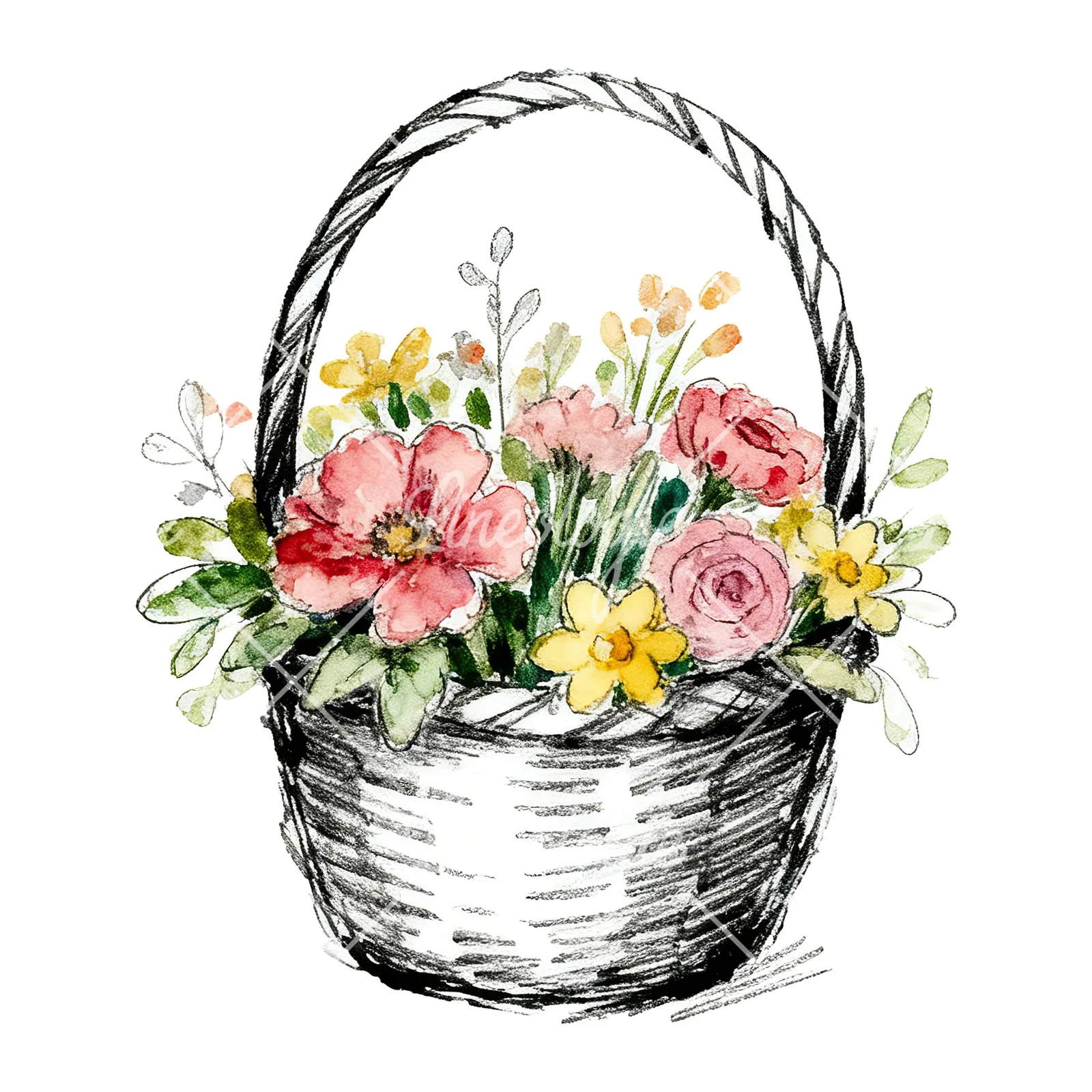 Watercolor Easter basket with flowers clipart 8 of 9 on a white background (JPG)