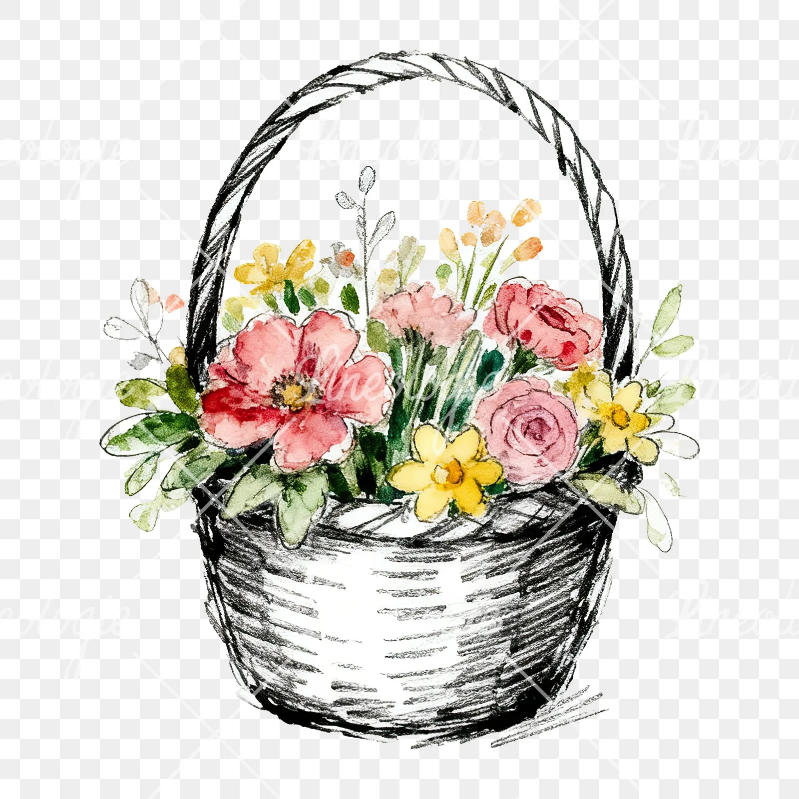Watercolor Easter basket with flowers clipart 8 of 9 on a transparent background (PNG)