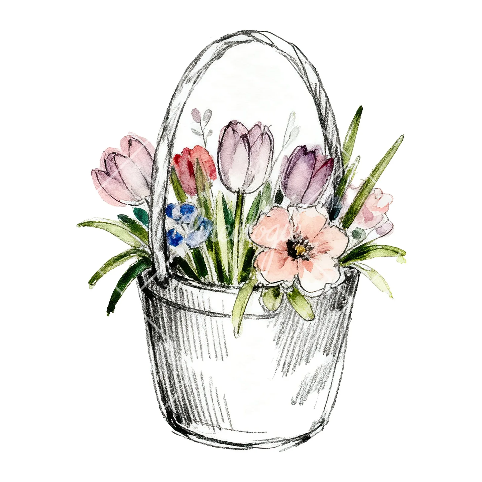 Watercolor Easter basket with flowers clipart 9 of 9 on a white background (JPG)
