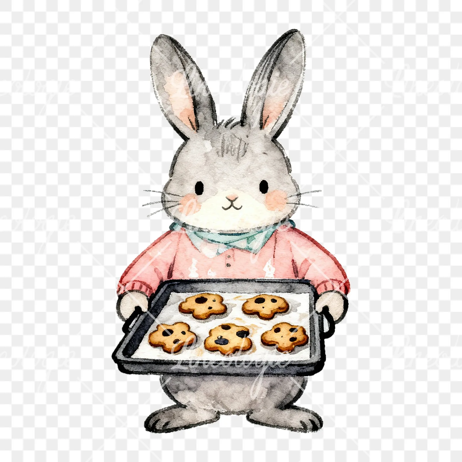 Watercolor Easter bunny with pizza clipart 3 of 9 on a transparent background (PNG)