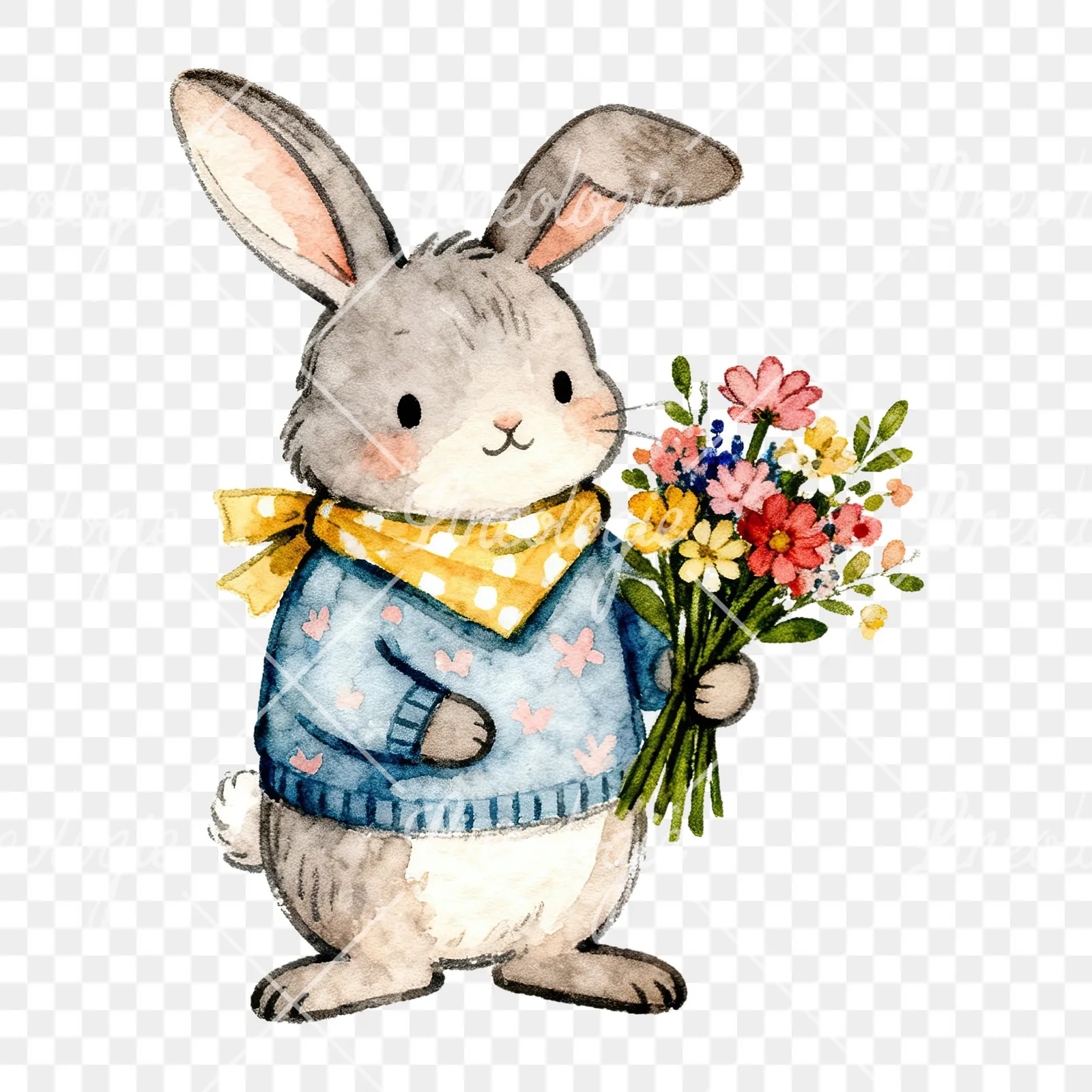 Watercolor Easter bunny with pizza clipart 4 of 9 on a transparent background (PNG)