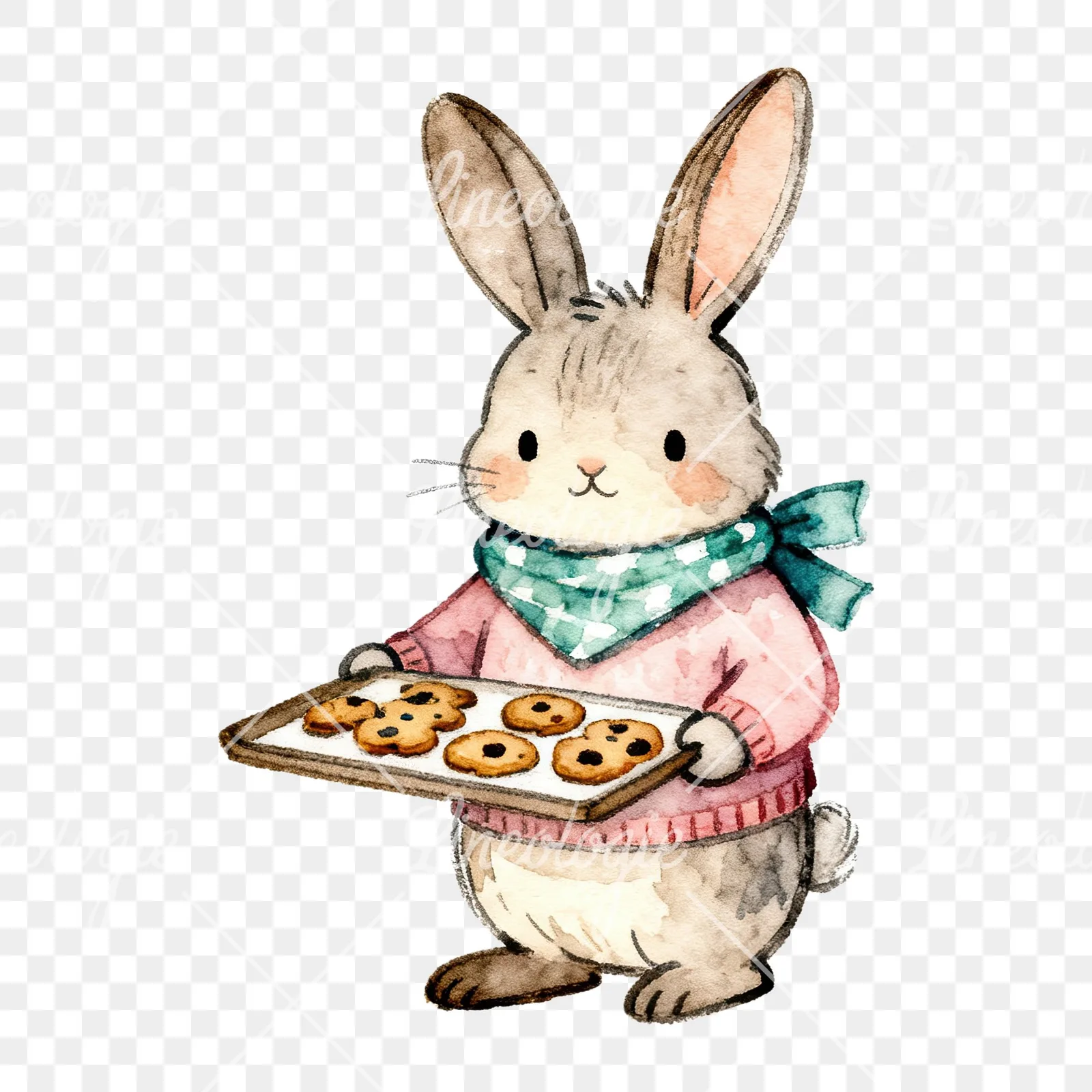 Watercolor Easter bunny with pizza clipart 6 of 9 on a transparent background (PNG)