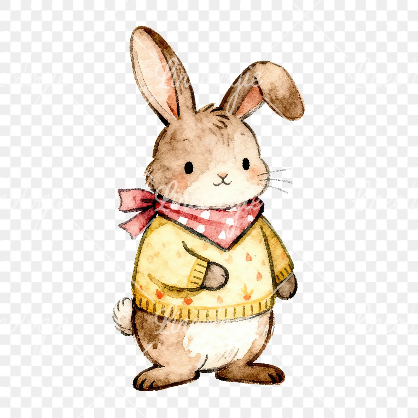 Watercolor Easter bunny with pizza clipart 7 of 9 on a transparent background (PNG)