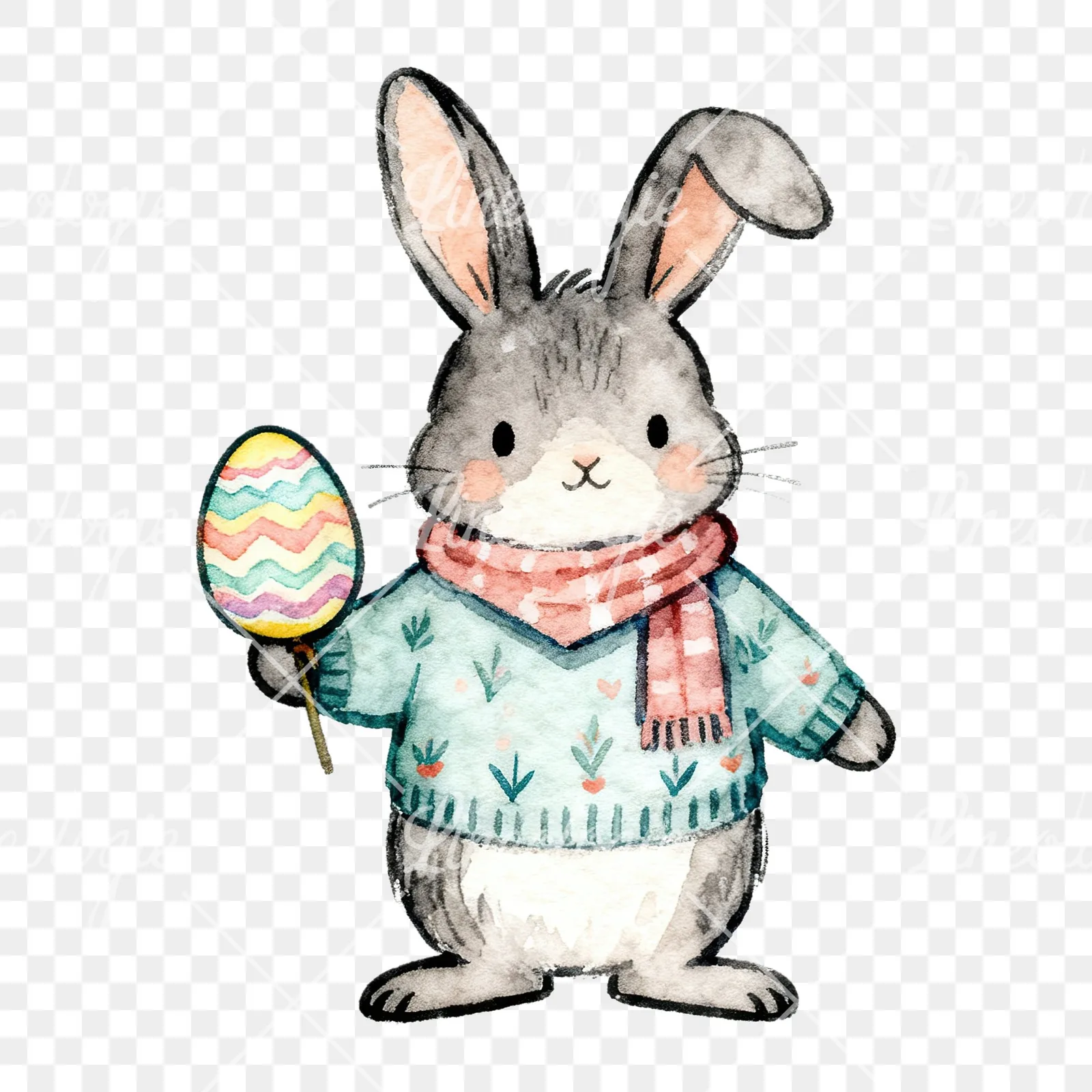 Watercolor Easter bunny with pizza clipart 8 of 9 on a transparent background (PNG)