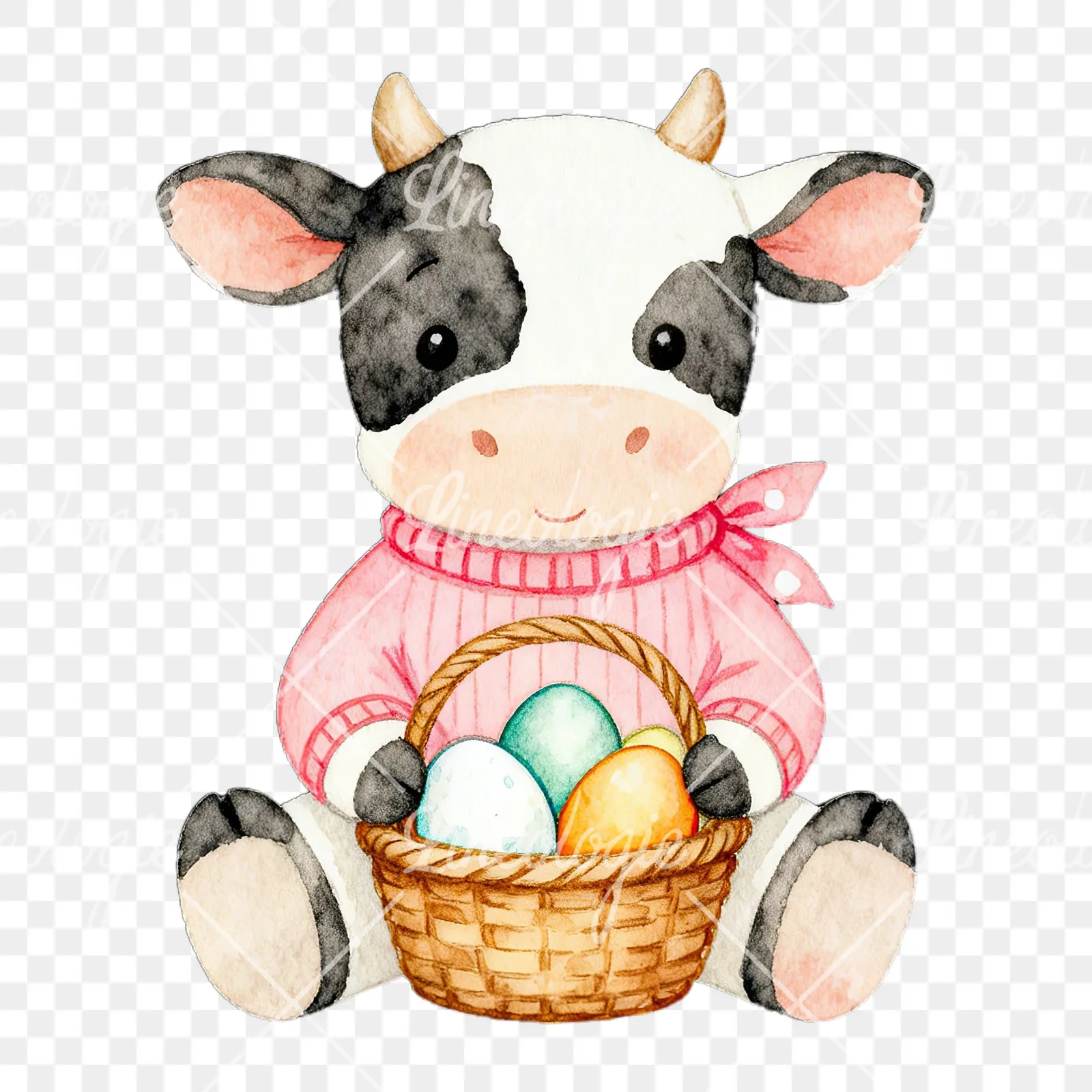 Watercolor Easter calf with nest clipart 1 of 9 on a transparent background (PNG)