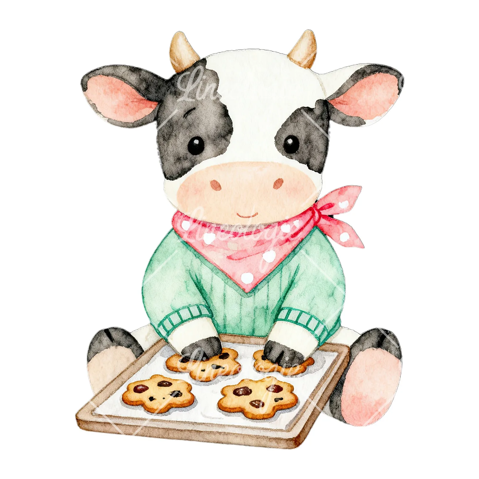 Watercolor Easter calf with nest clipart 3 of 9 on a white background (JPG)