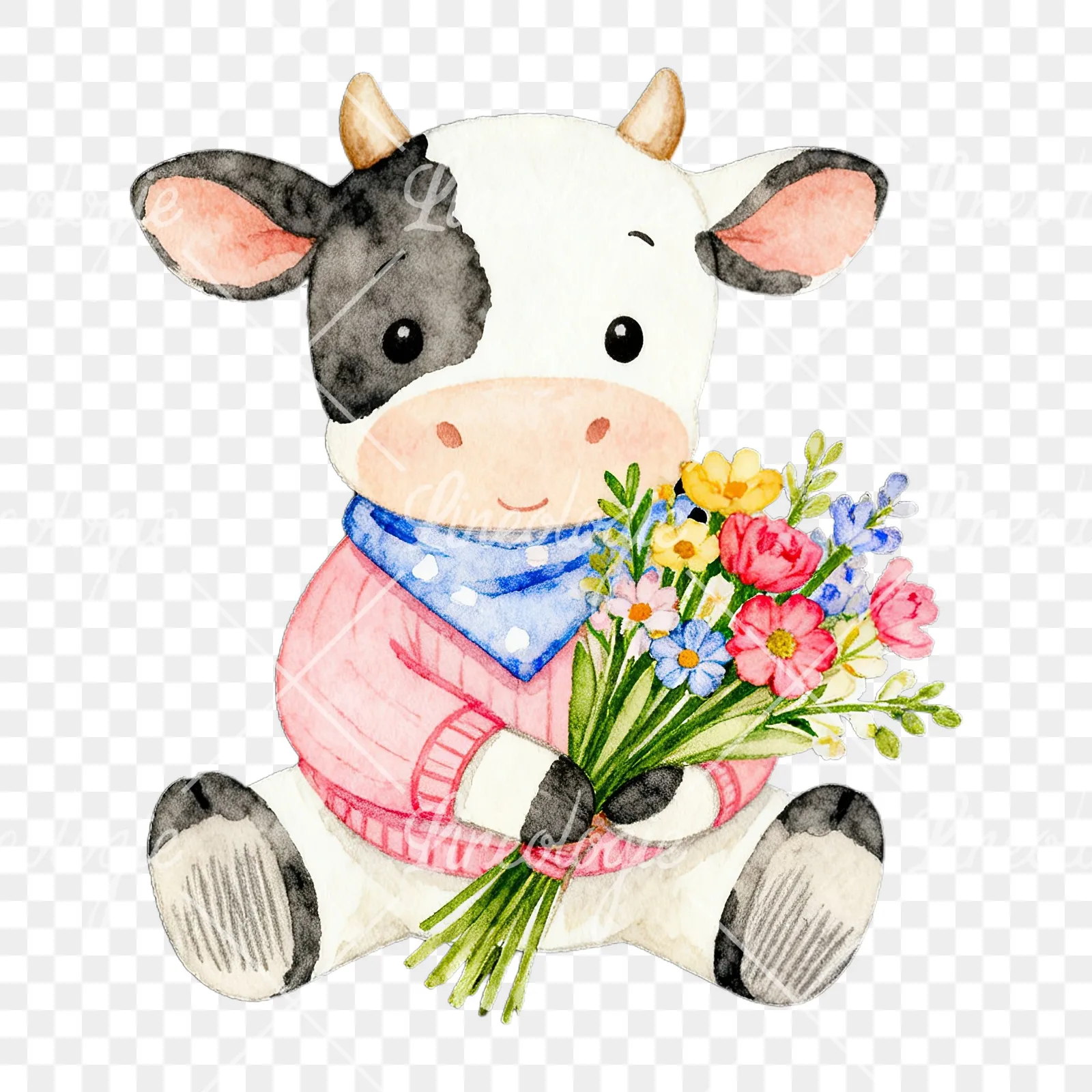 Watercolor Easter calf with nest clipart 4 of 9 on a transparent background (PNG)