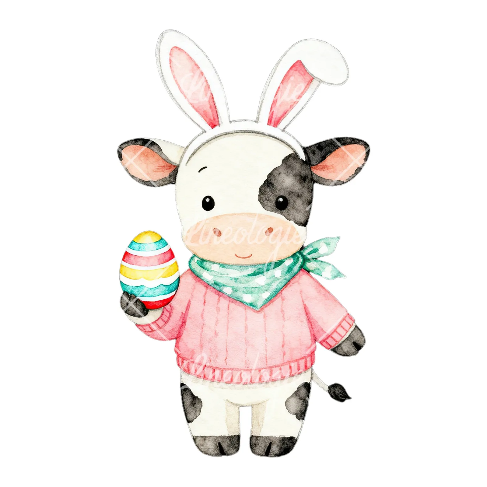 Watercolor Easter calf with nest clipart 5 of 9 on a white background (JPG)