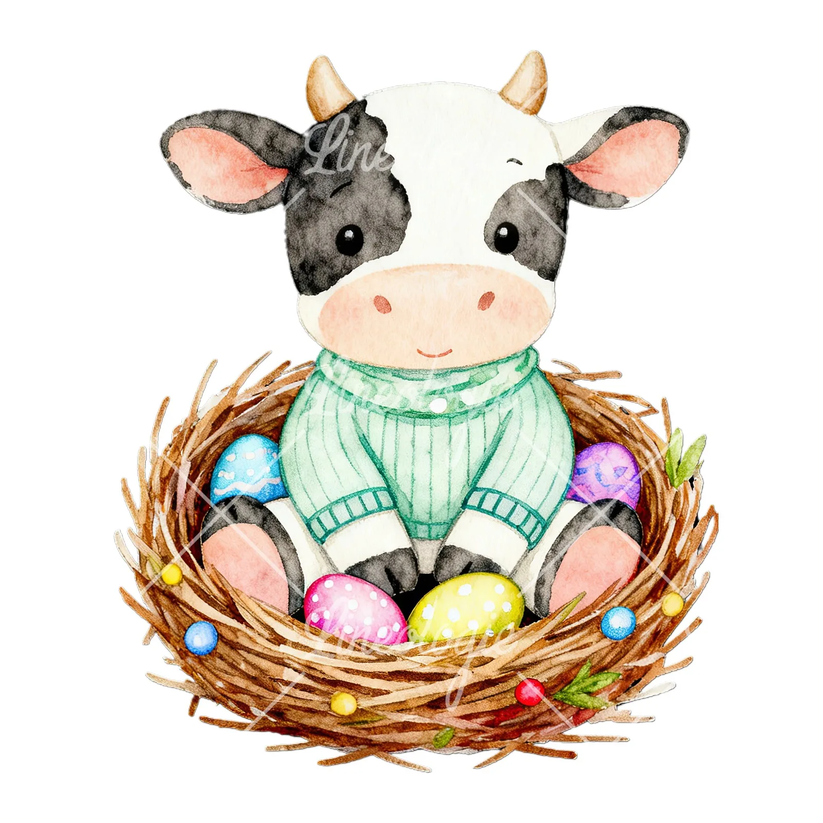 Watercolor Easter calf with nest clipart 9 of 9 on a white background (JPG)