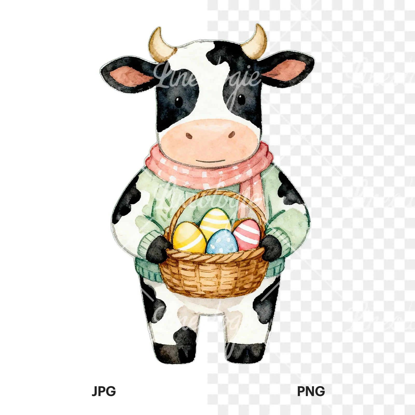 Watercolor Easter farm animal clipart 1 of 9, as a JPG on white and a transparent PNG