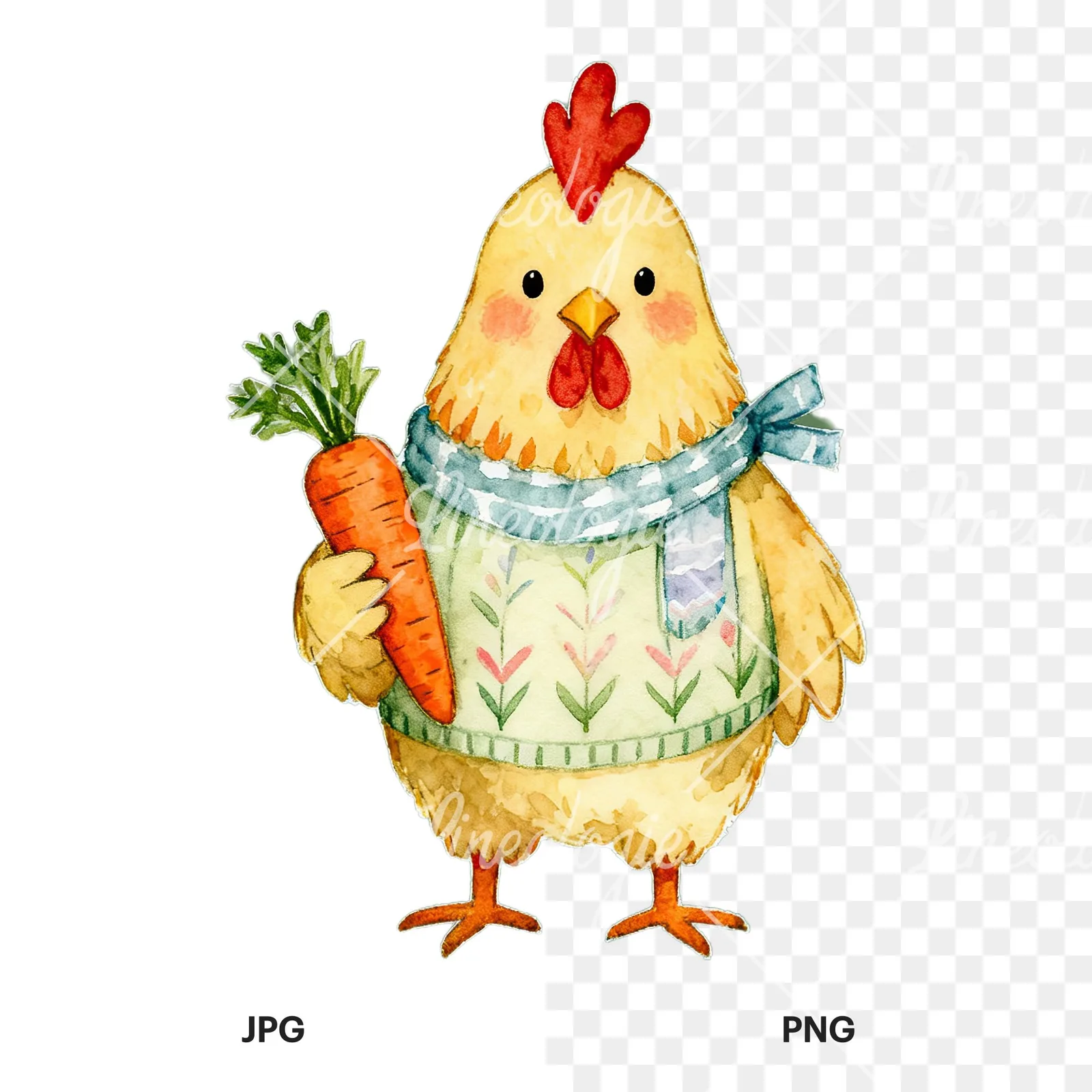 Watercolor Easter farm animal clipart 2 of 9, as a JPG on white and a transparent PNG