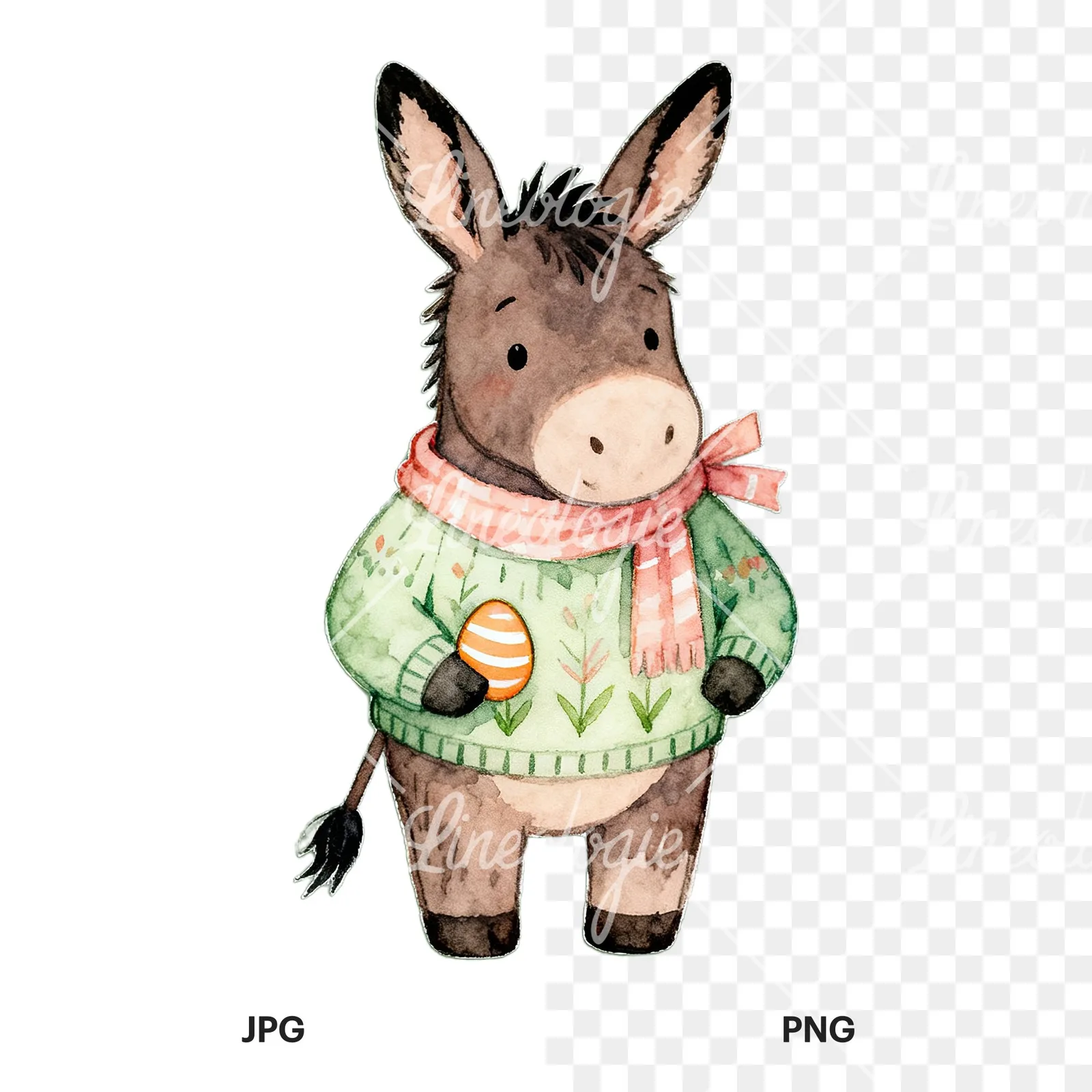 Watercolor Easter farm animal clipart 7 of 9, as a JPG on white and a transparent PNG