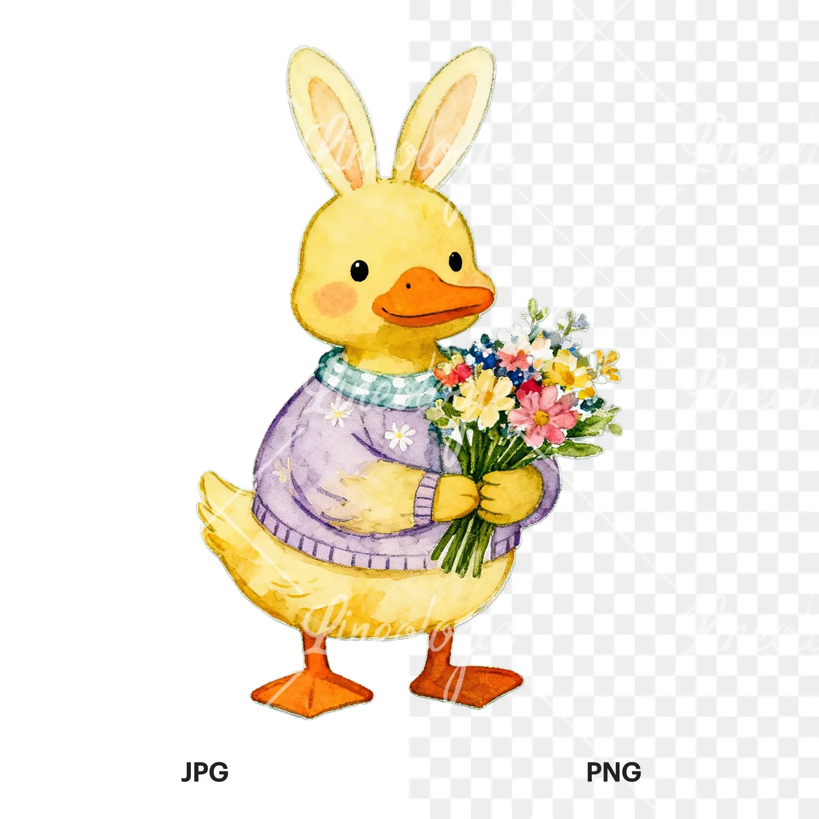Watercolor Easter farm animal clipart 8 of 9, as a JPG on white and a transparent PNG