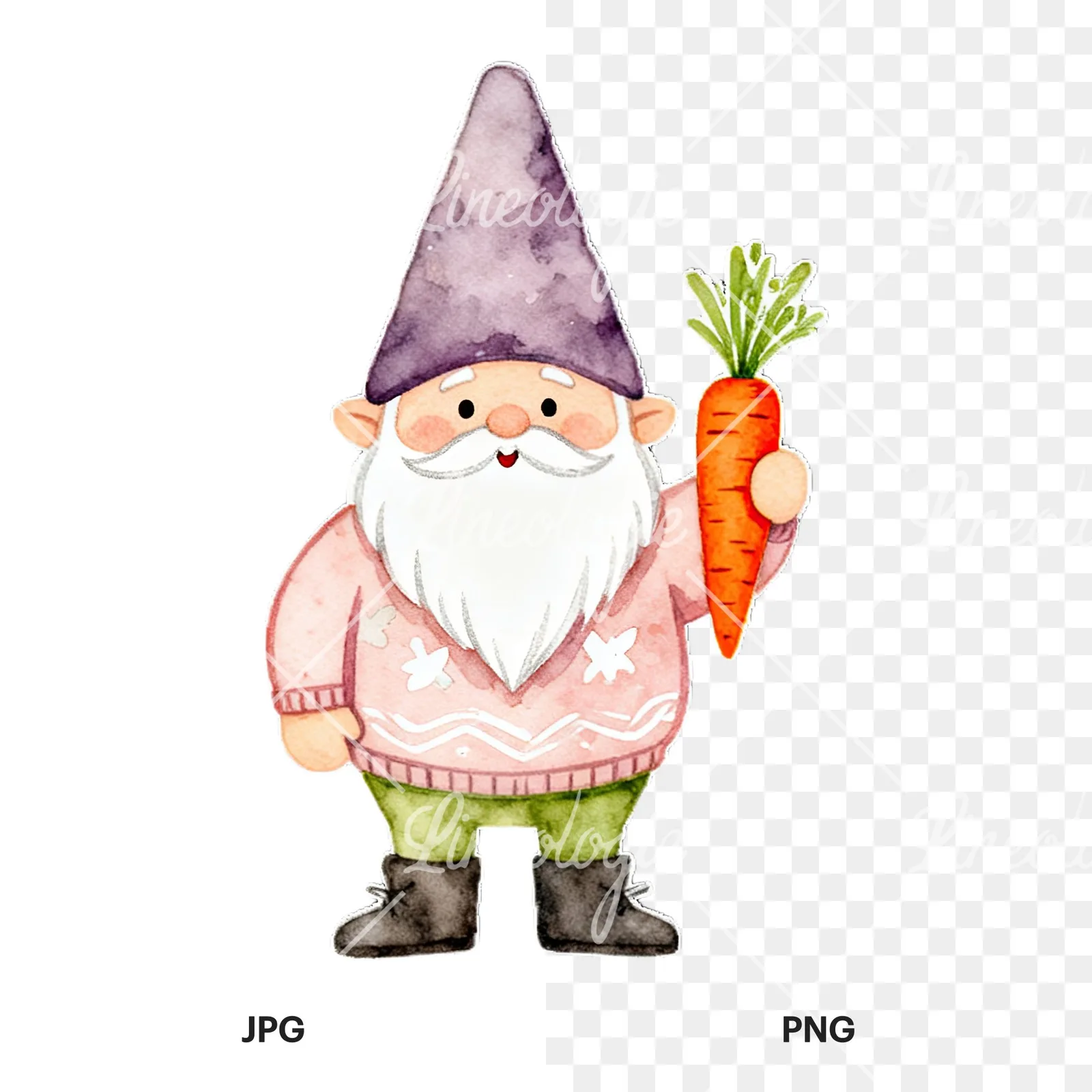 Watercolor gnome clipart 3 of 9, as a JPG on white and a transparent PNG