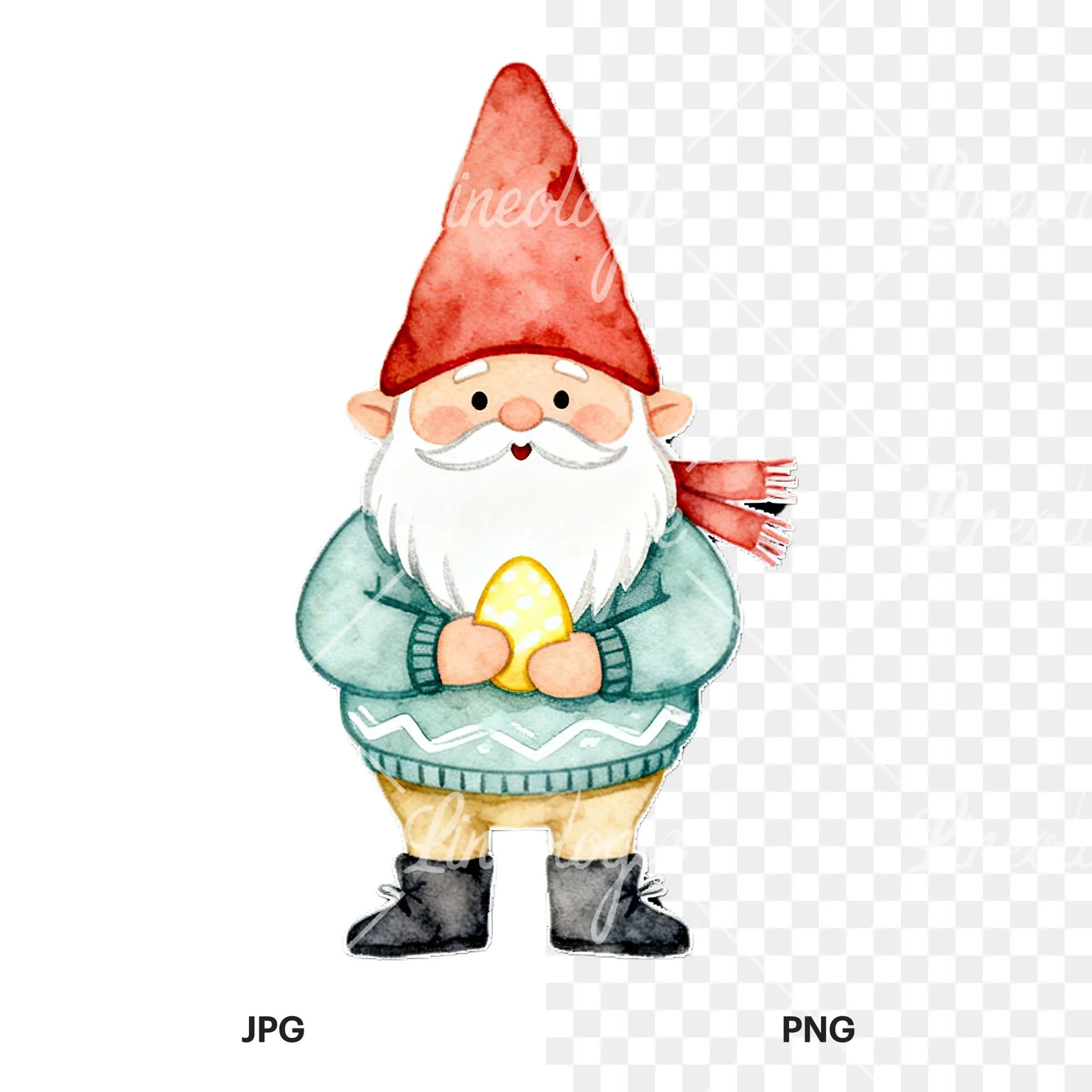 Watercolor gnome clipart 9 of 9, as a JPG on white and a transparent PNG