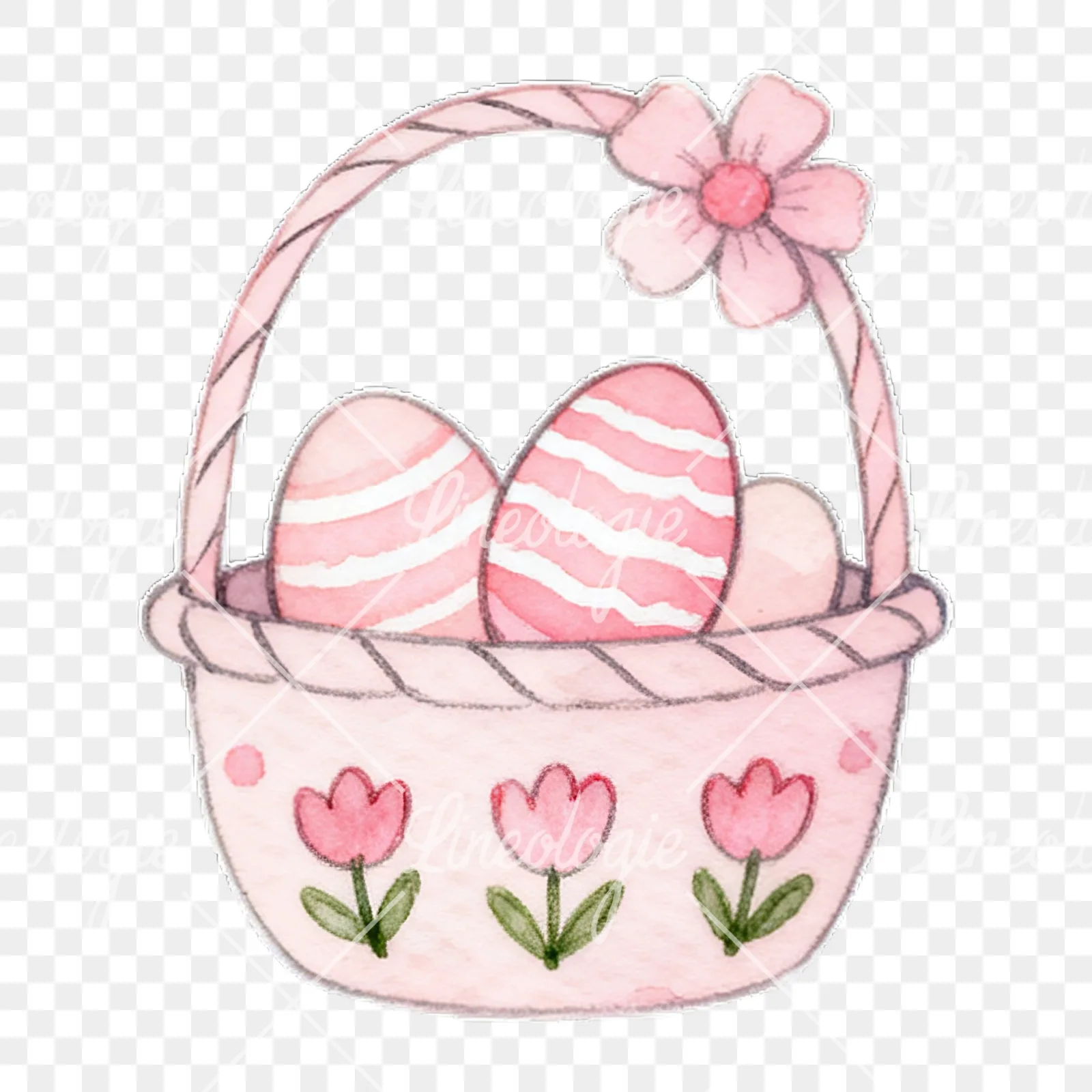 Watercolor pink Easter basket clipart 2 of 9 on a transparent background (PNG)