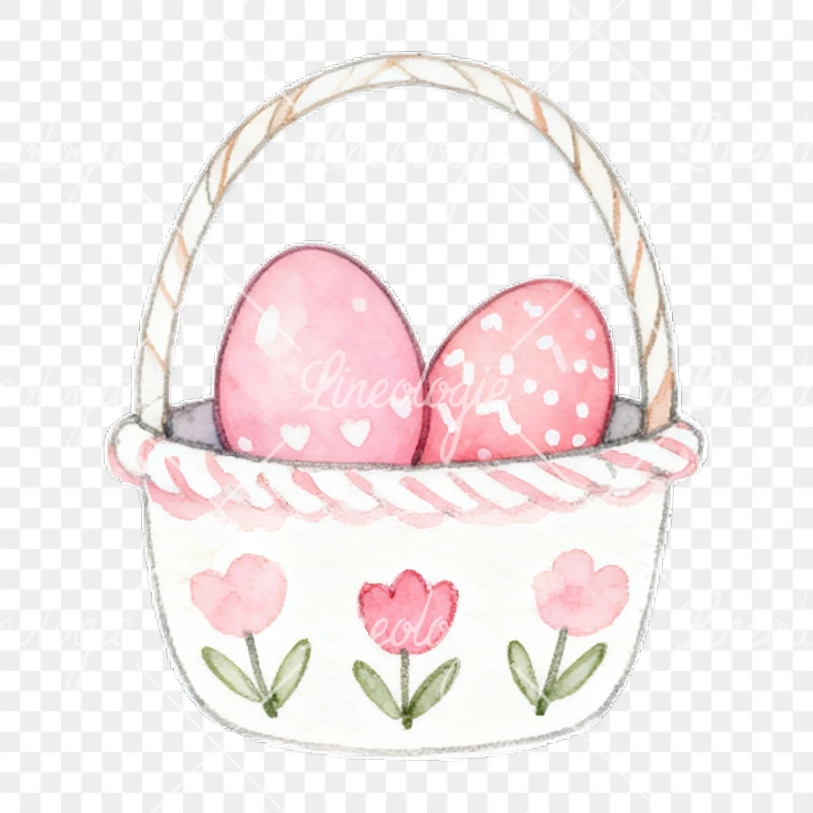 Watercolor pink Easter basket clipart 5 of 9 on a transparent background (PNG)
