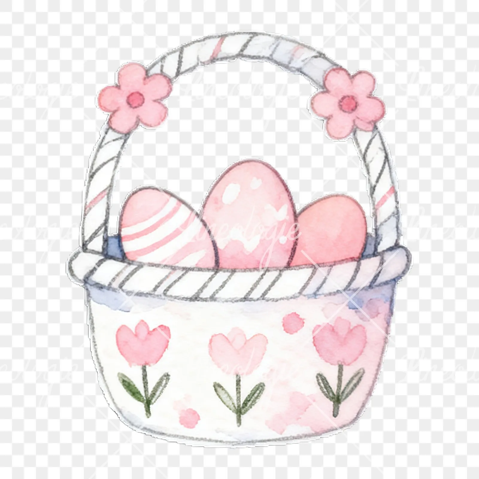 Watercolor pink Easter basket clipart 7 of 9 on a transparent background (PNG)