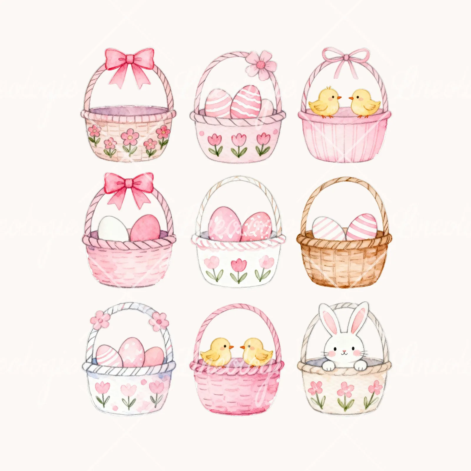 Watercolor Pink Easter Basket Clipart, all 9 illustrations in the pack
