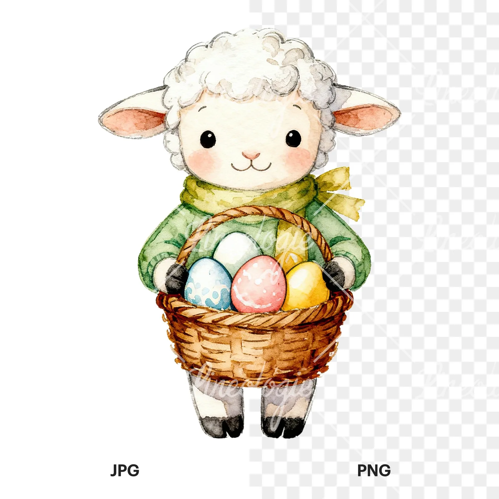 Watercolor Easter baby lamb clipart 1 of 9, as a JPG on white and a transparent PNG