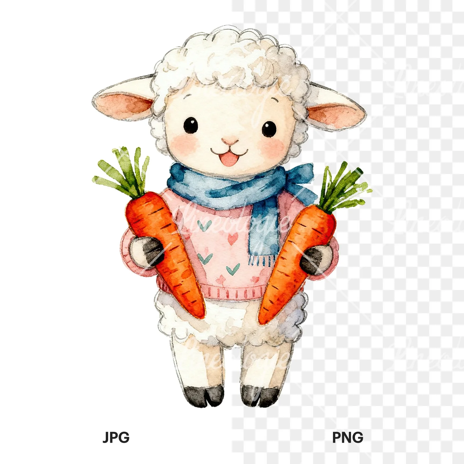 Watercolor Easter baby lamb clipart 2 of 9, as a JPG on white and a transparent PNG