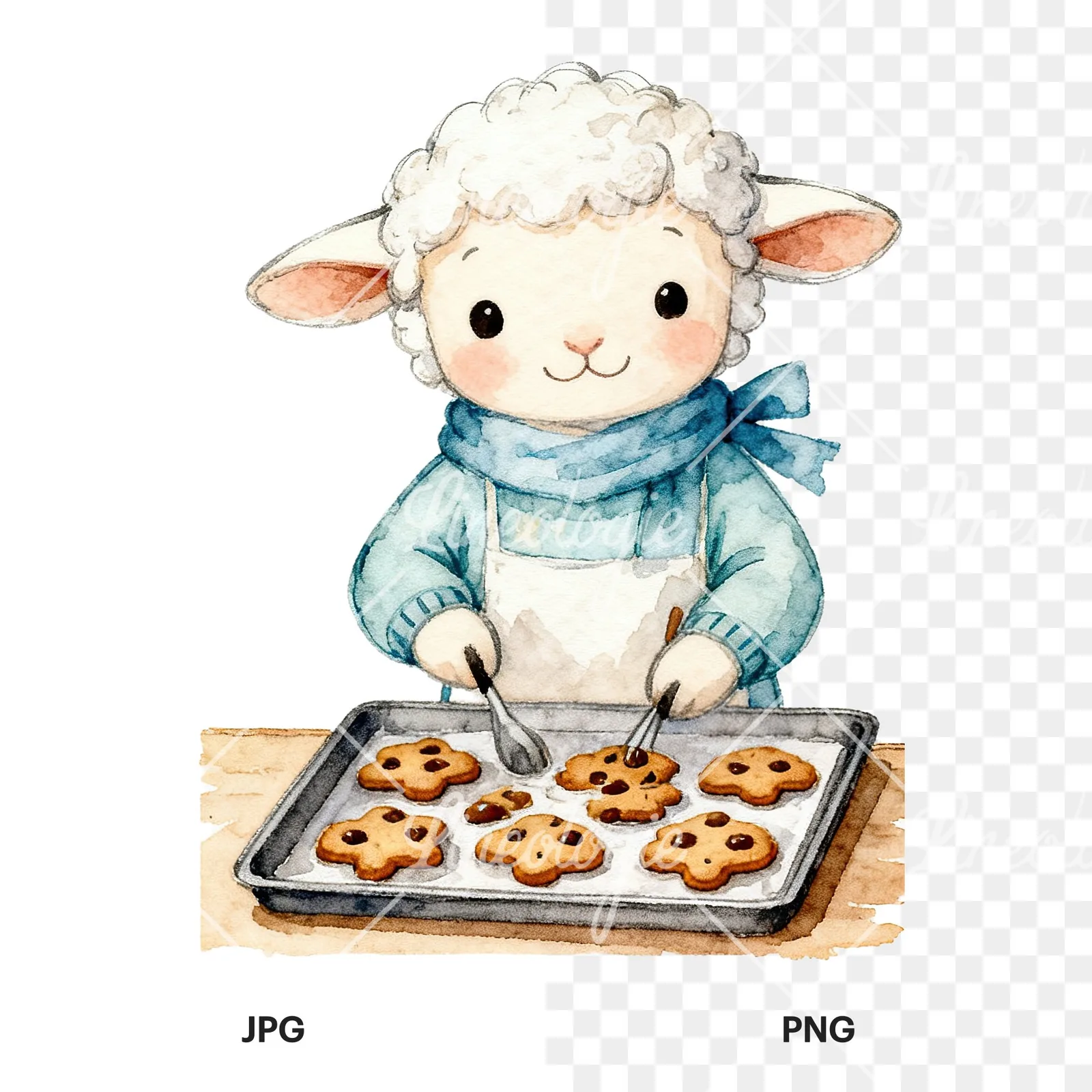 Watercolor Easter baby lamb clipart 3 of 9, as a JPG on white and a transparent PNG