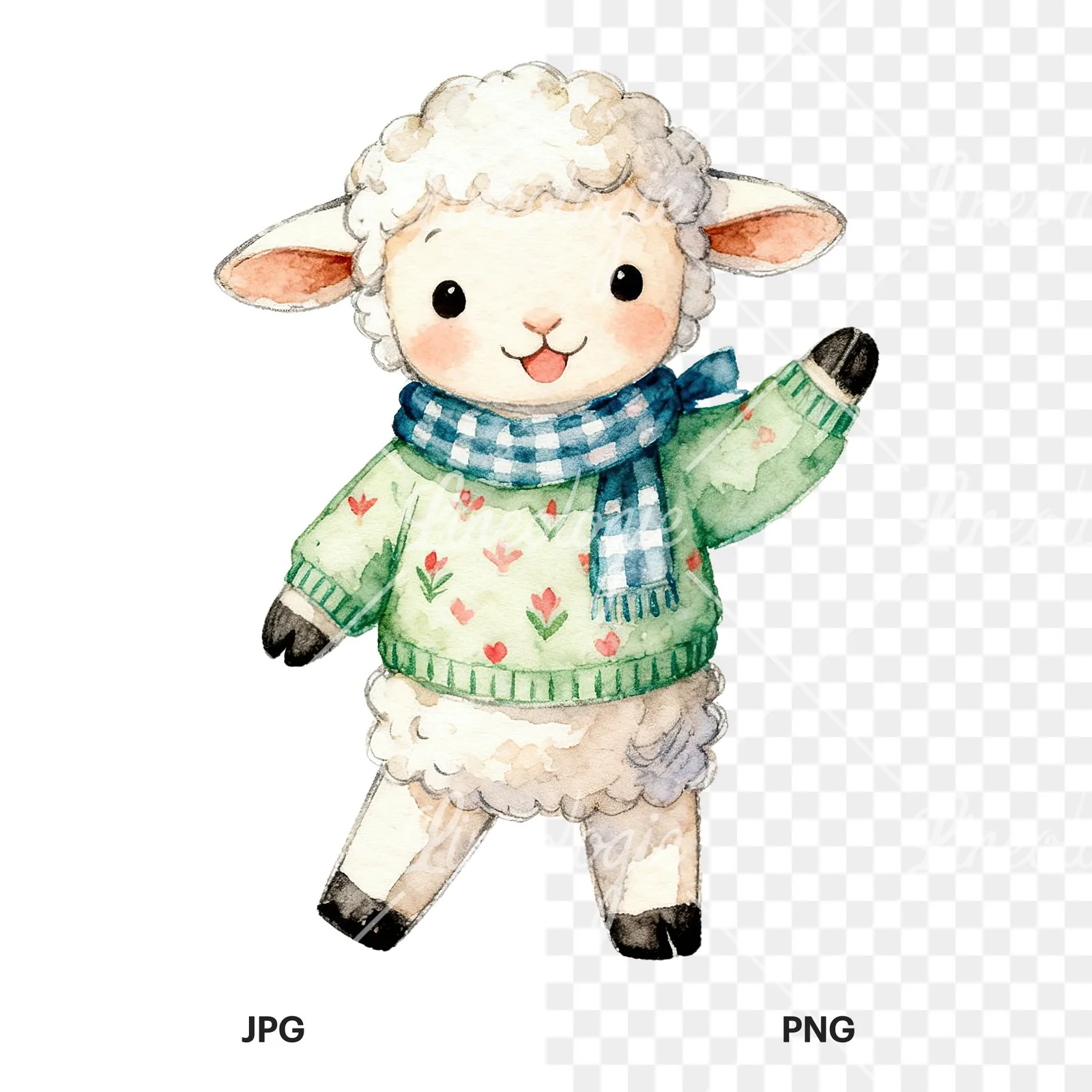 Watercolor Easter baby lamb clipart 4 of 9, as a JPG on white and a transparent PNG