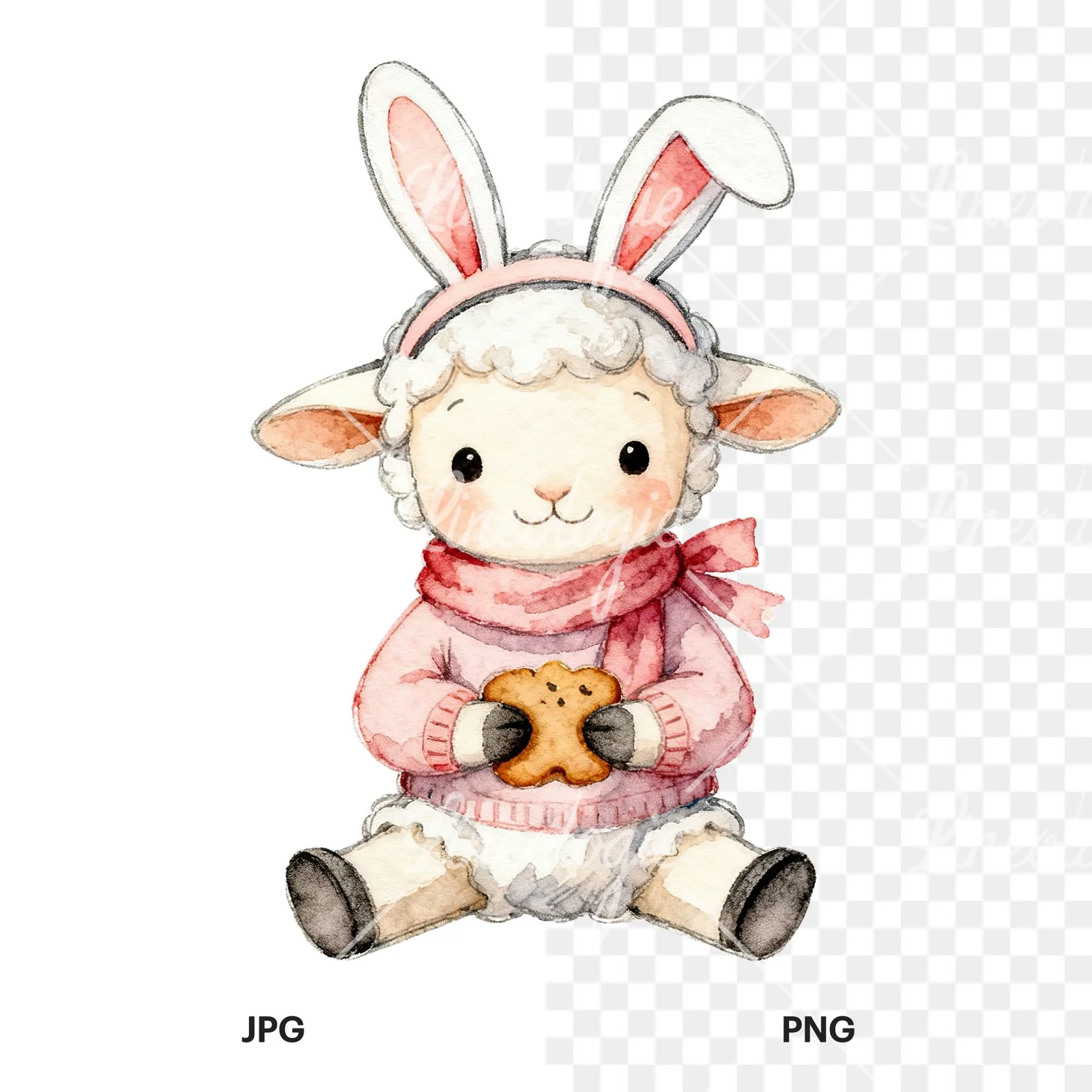 Watercolor Easter baby lamb clipart 5 of 9, as a JPG on white and a transparent PNG
