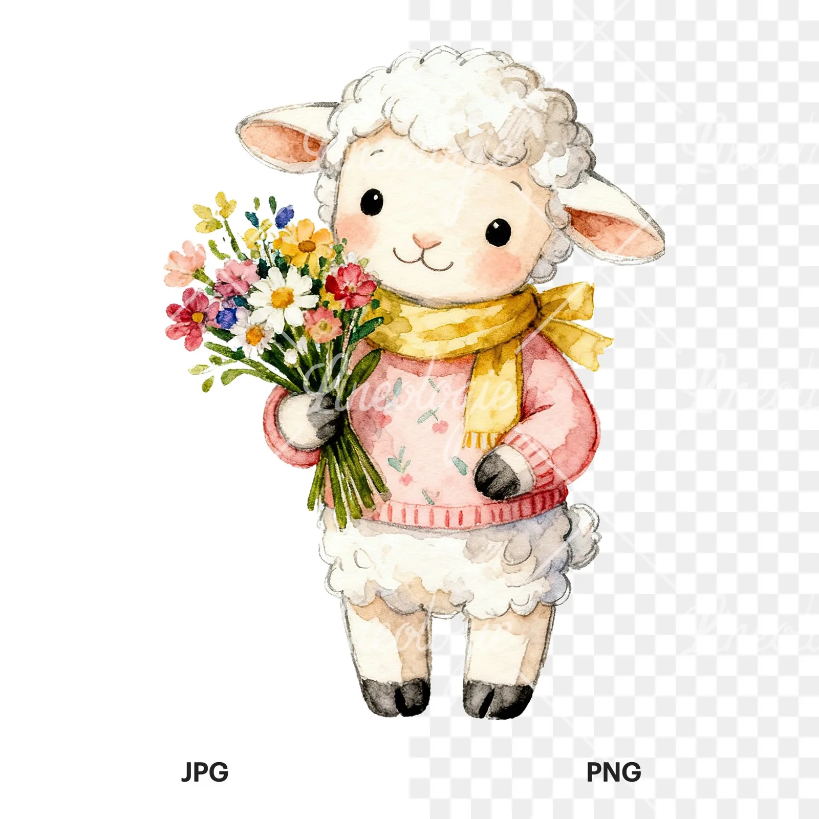 Watercolor Easter baby lamb clipart 6 of 9, as a JPG on white and a transparent PNG